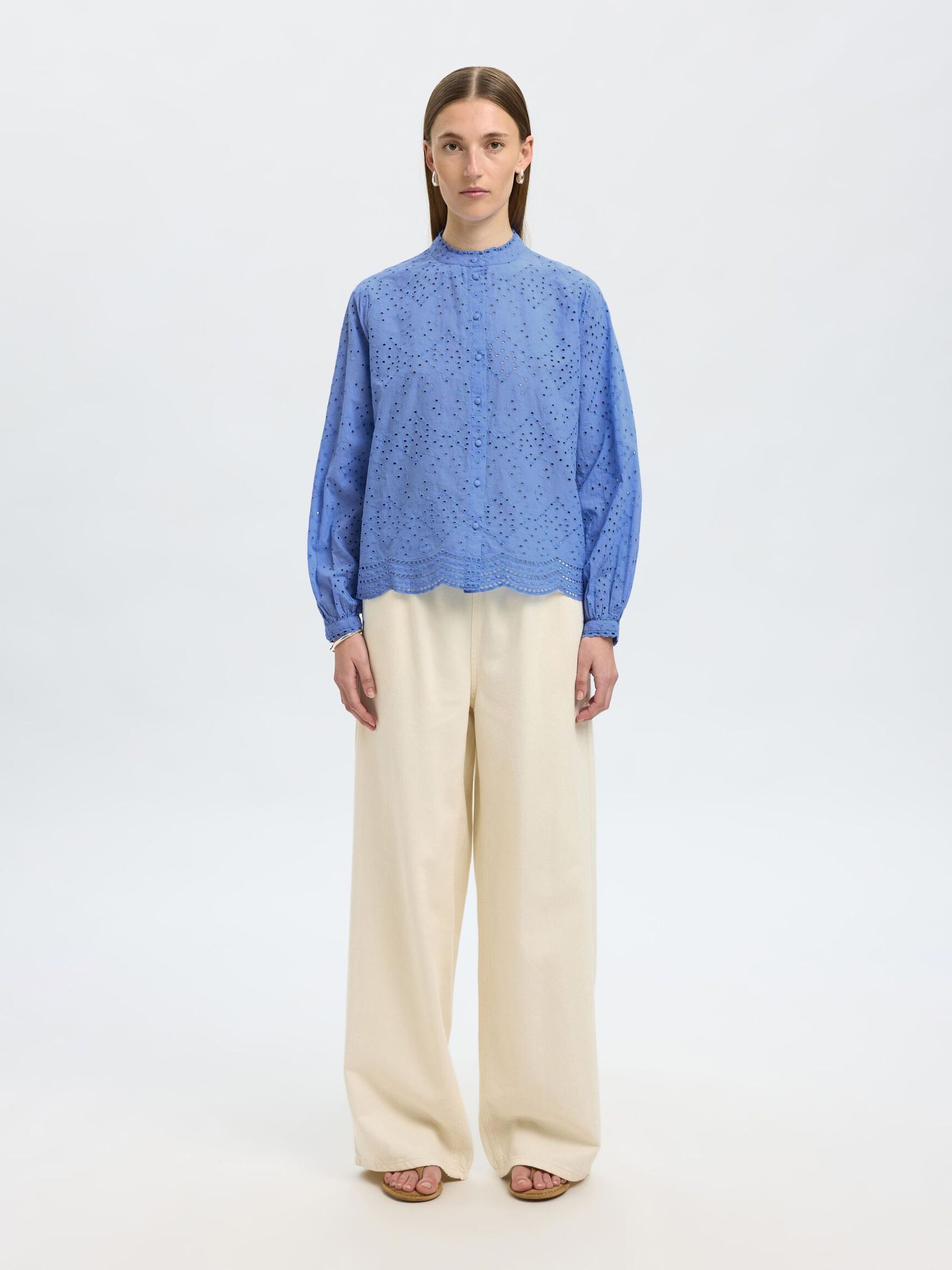 BRODERIE ANGLAISE CHEMISE, Cornflower Blue, highres