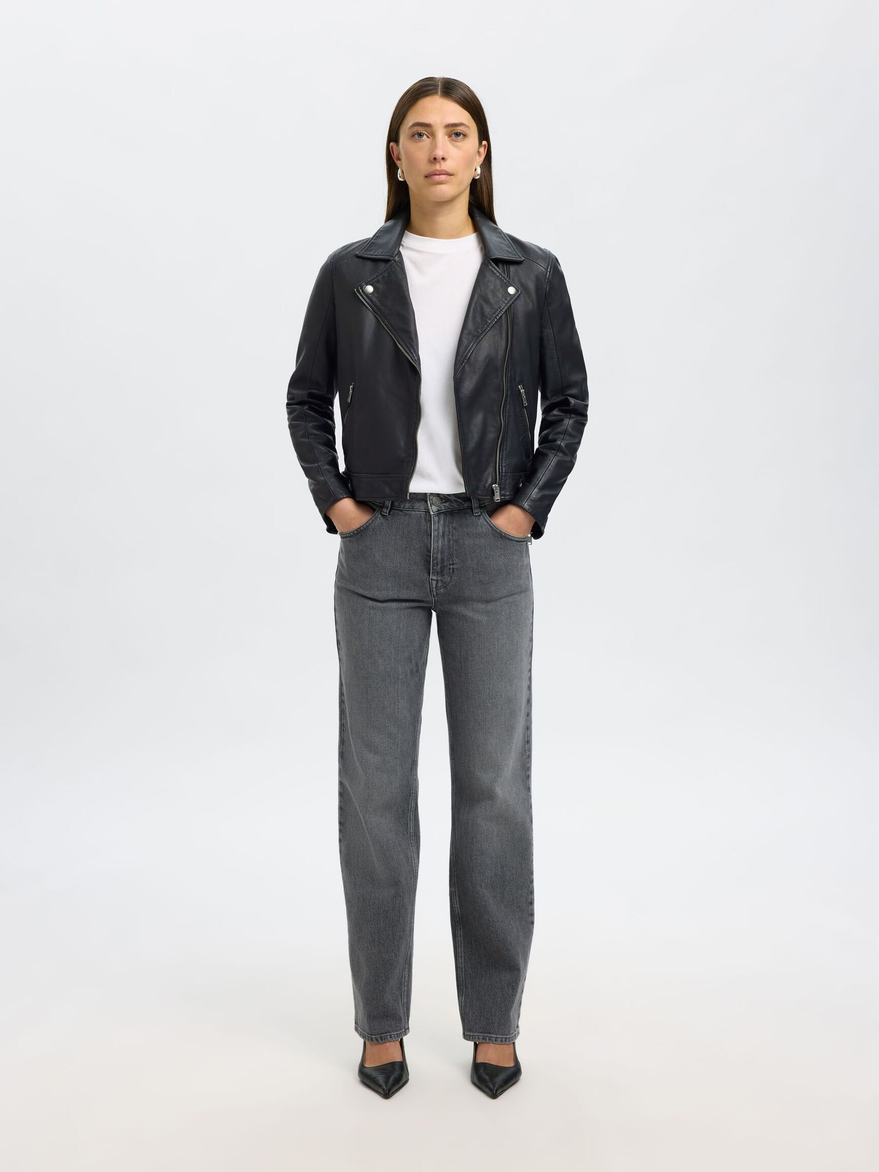CLASSIC LEATHER JACKET, Black, highres