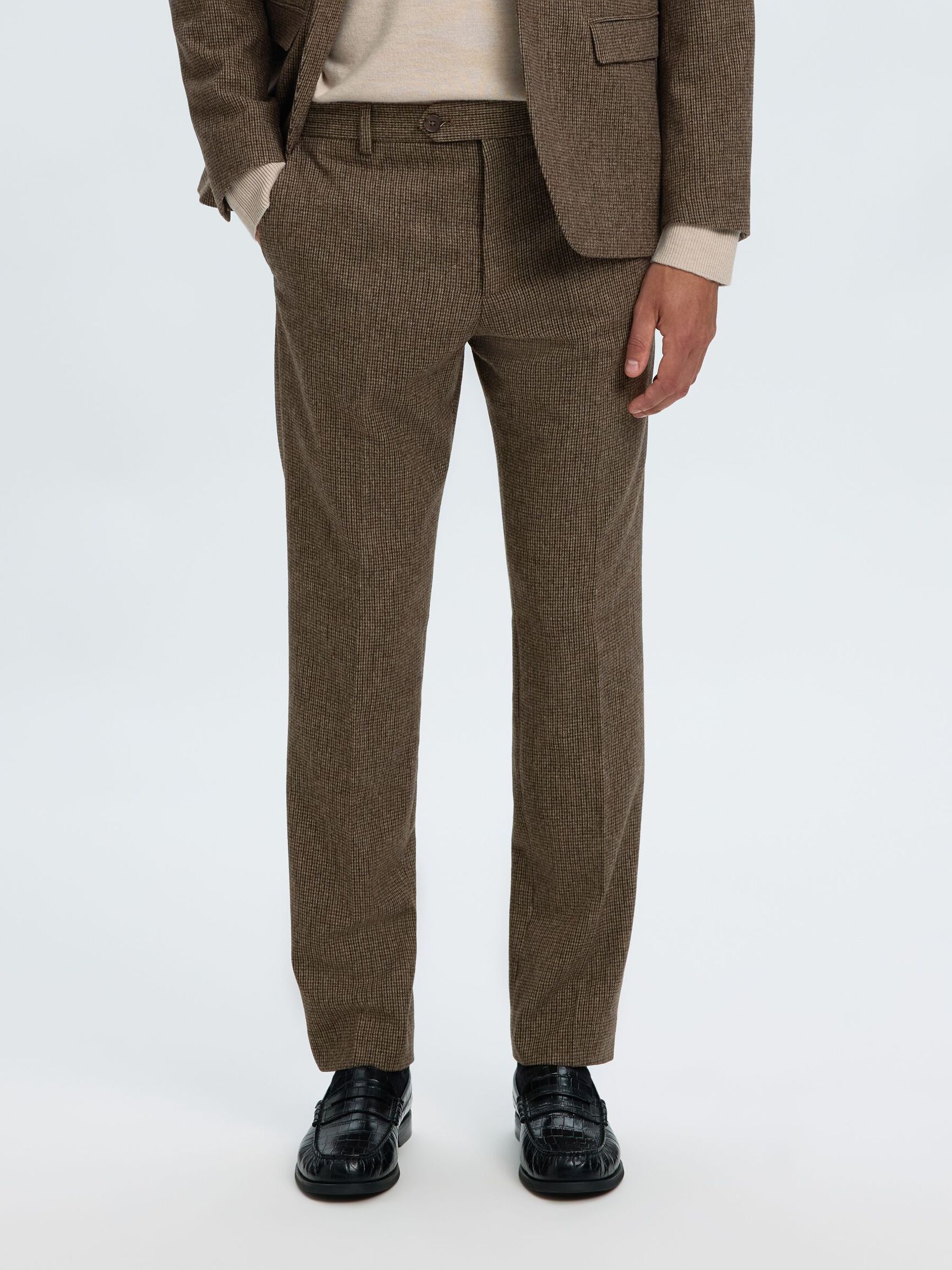 CHECKED WOOL BLEND TROUSERS, Medium Brown Melange, highres