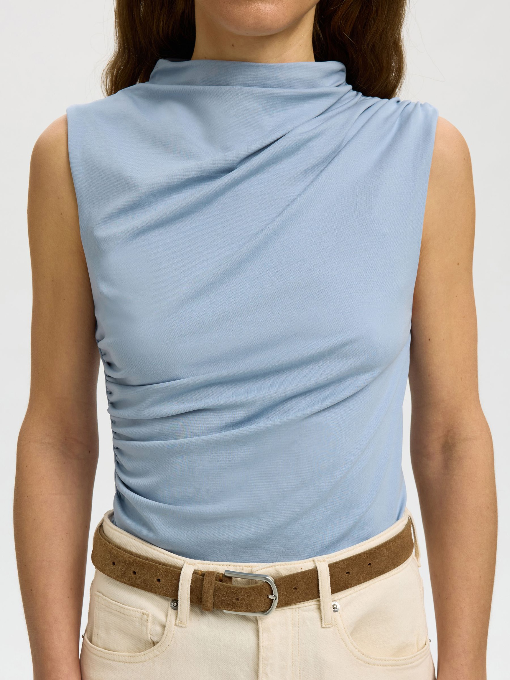 DRAPIERTES ÄRMELLOSES OBERTEIL, Dusty Blue, highres