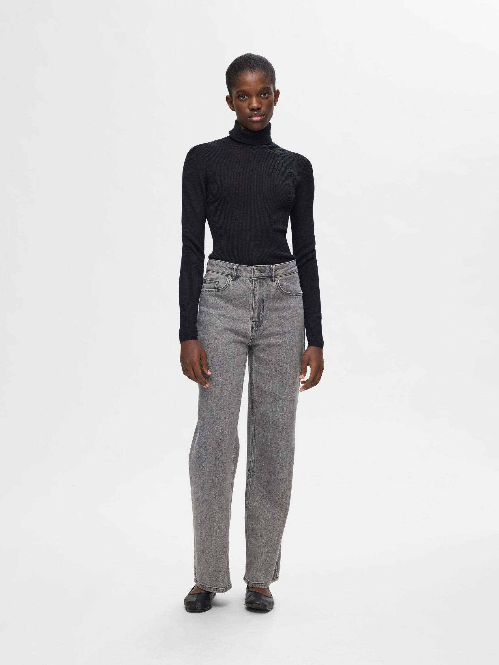 RIBBED WOOL BLEND TURTLENECK, Black, highres