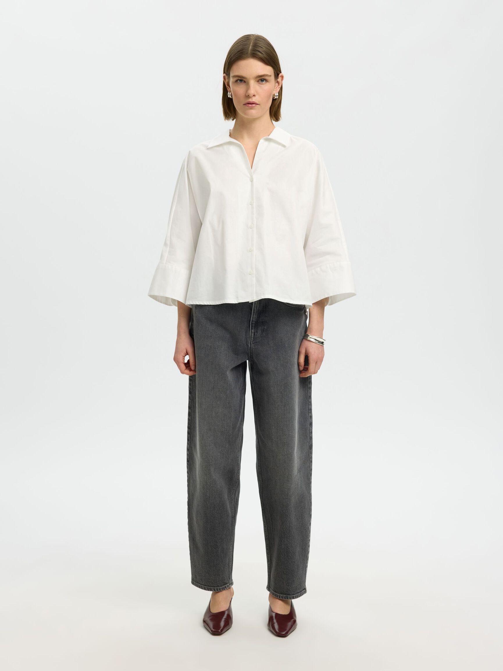 COTTON 3/4 SLEEVED SHIRT, Bright White, highres