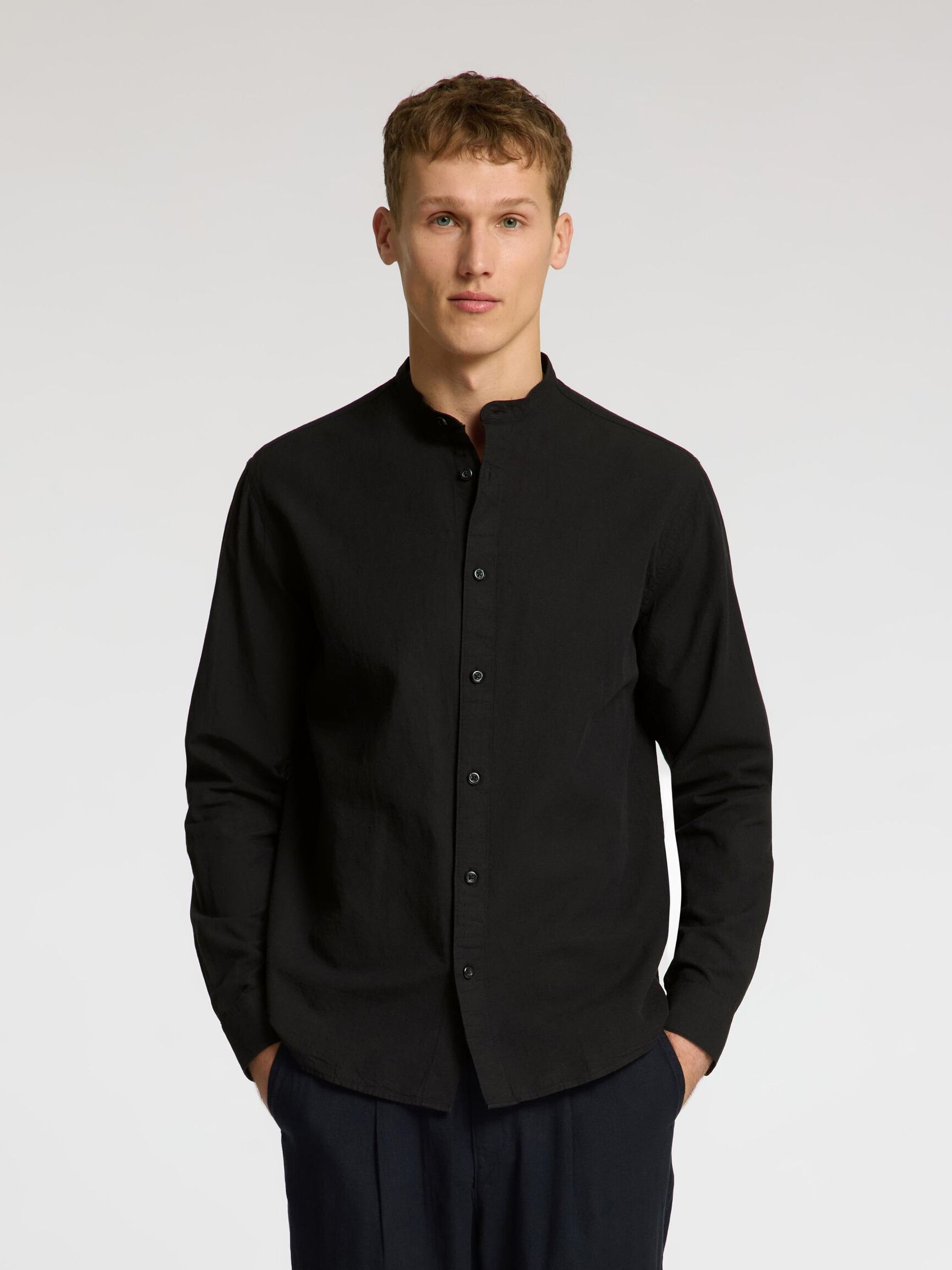 PRENDA DE MANGAS LARGAS EN MEZCLA DE LINO CAMISA, Black, highres