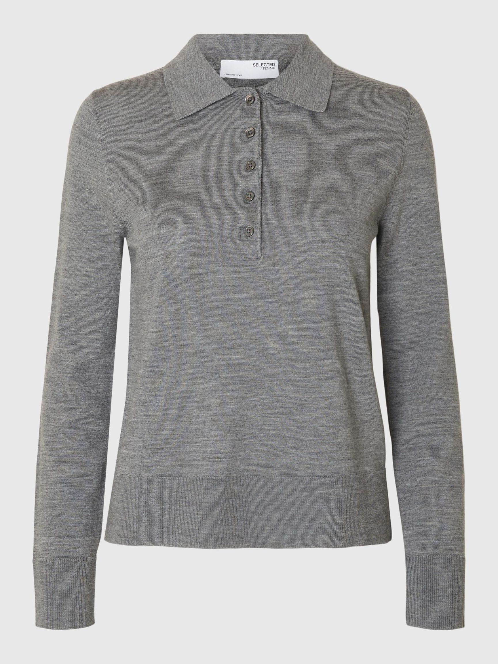 100% MERINOULD STRIKKET POLOSHIRT, Medium Grey Melange, highres