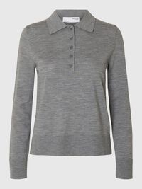 100% MERINOULD STRIKKET POLOSHIRT, Medium Grey Melange, highres