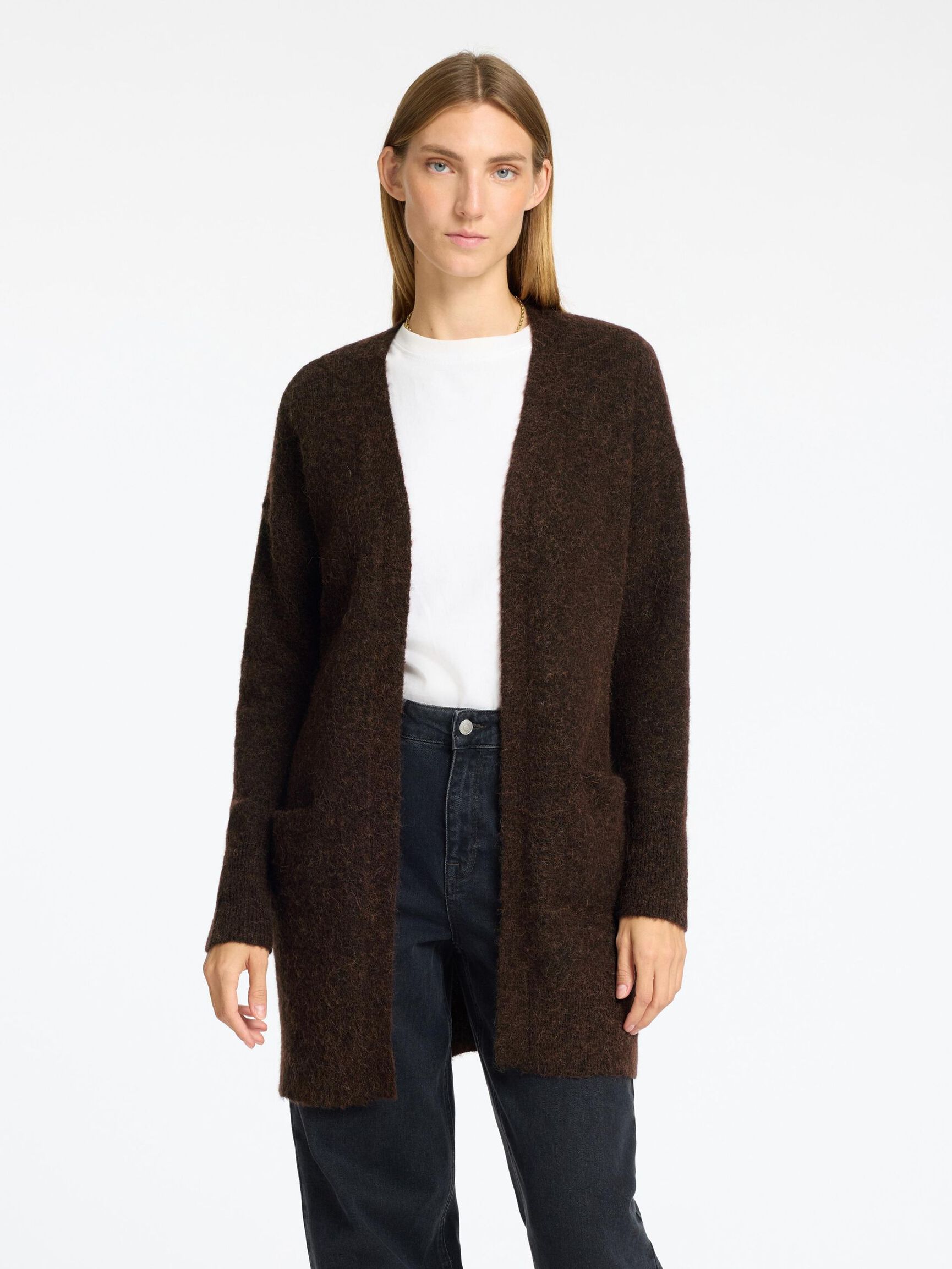 LANGE STRICKJACKE, Coffee Bean, highres