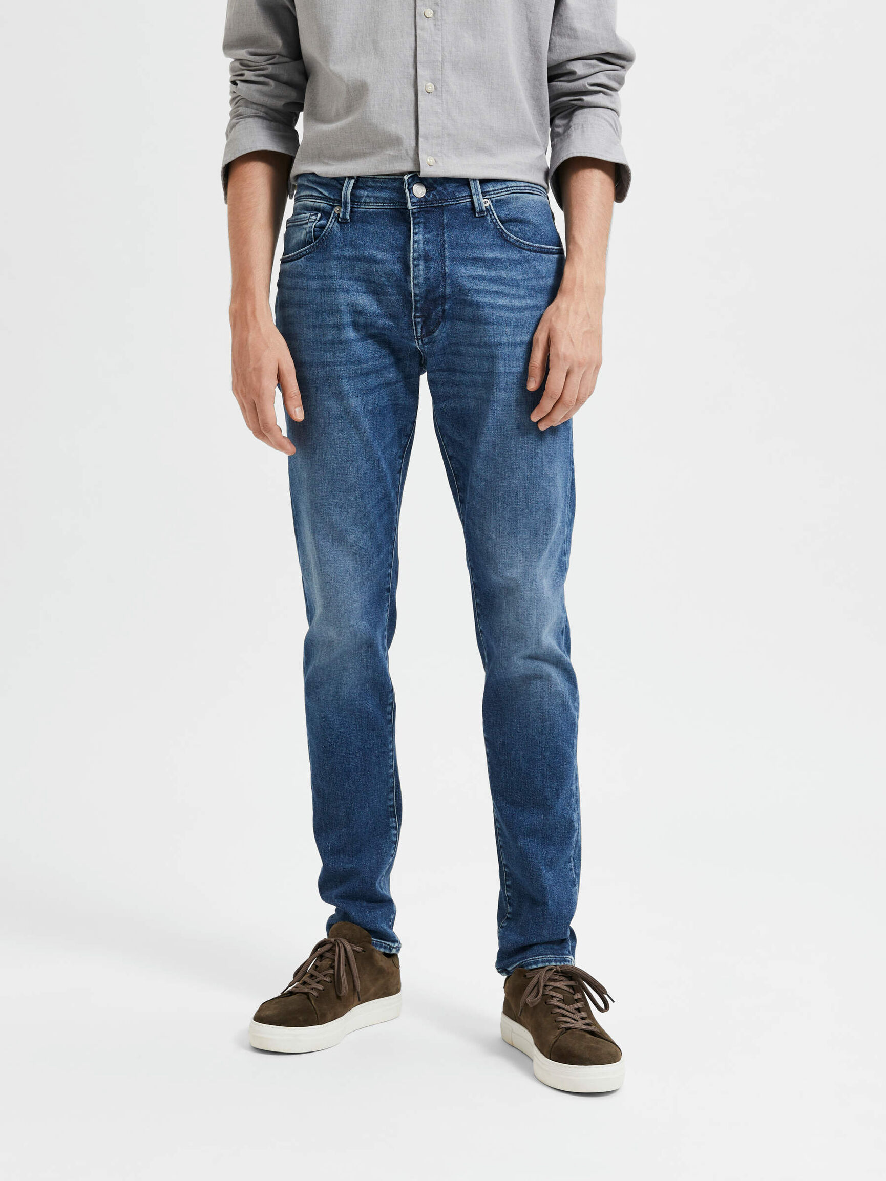 MEDIUM WASH SLIM FIT JEANS, Medium Blue Denim, highres