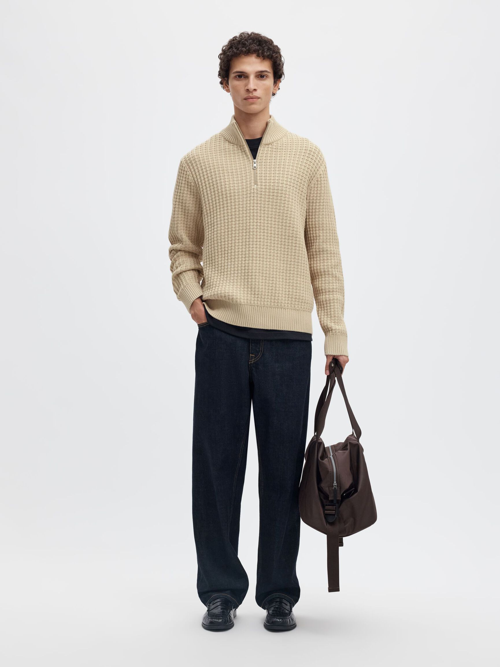 ORGANIC COTTON HALF-ZIP JUMPER, Oatmeal, highres