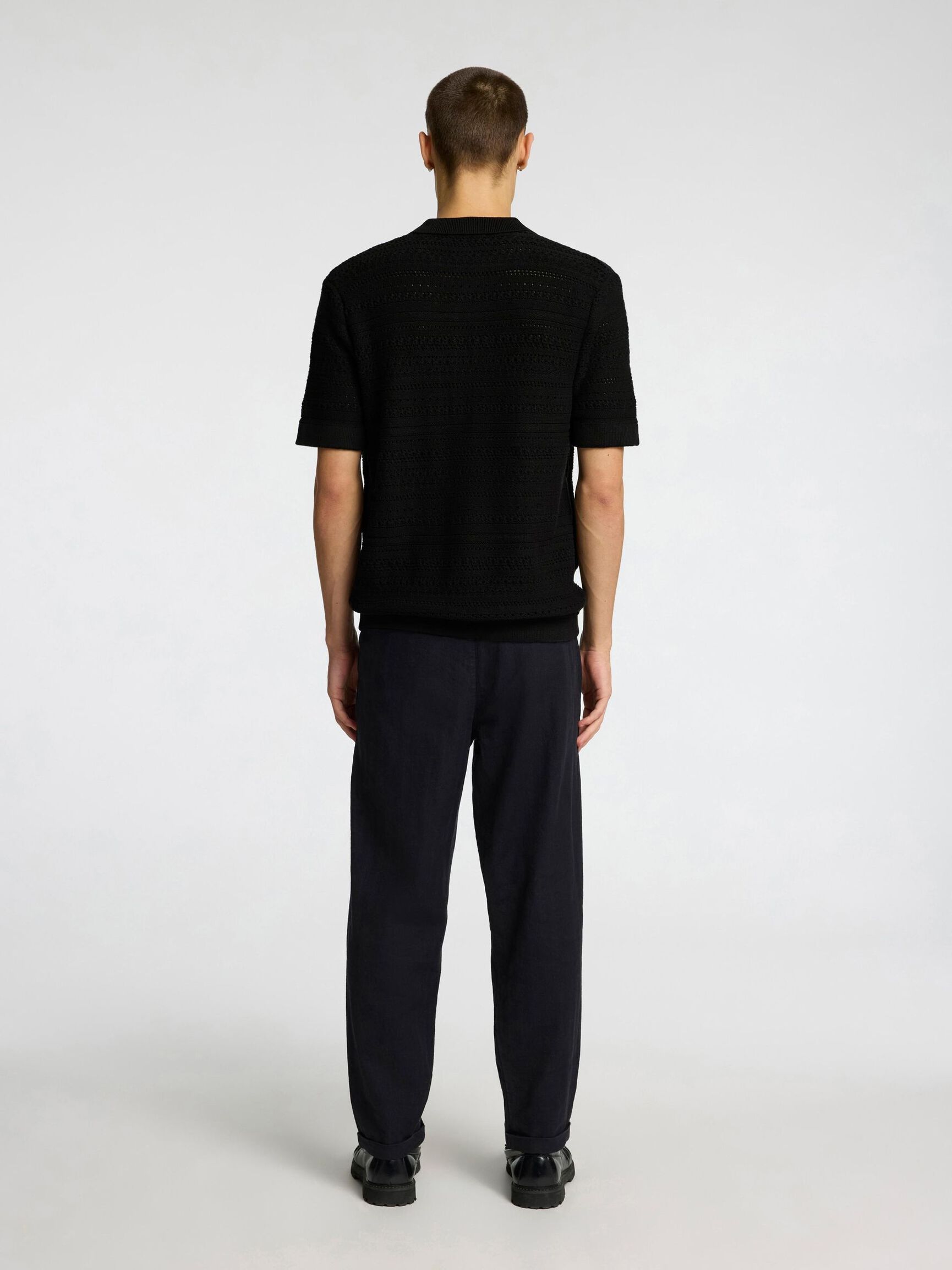 KNITTED SHORT SLEEVED SHIRT, Black, highres