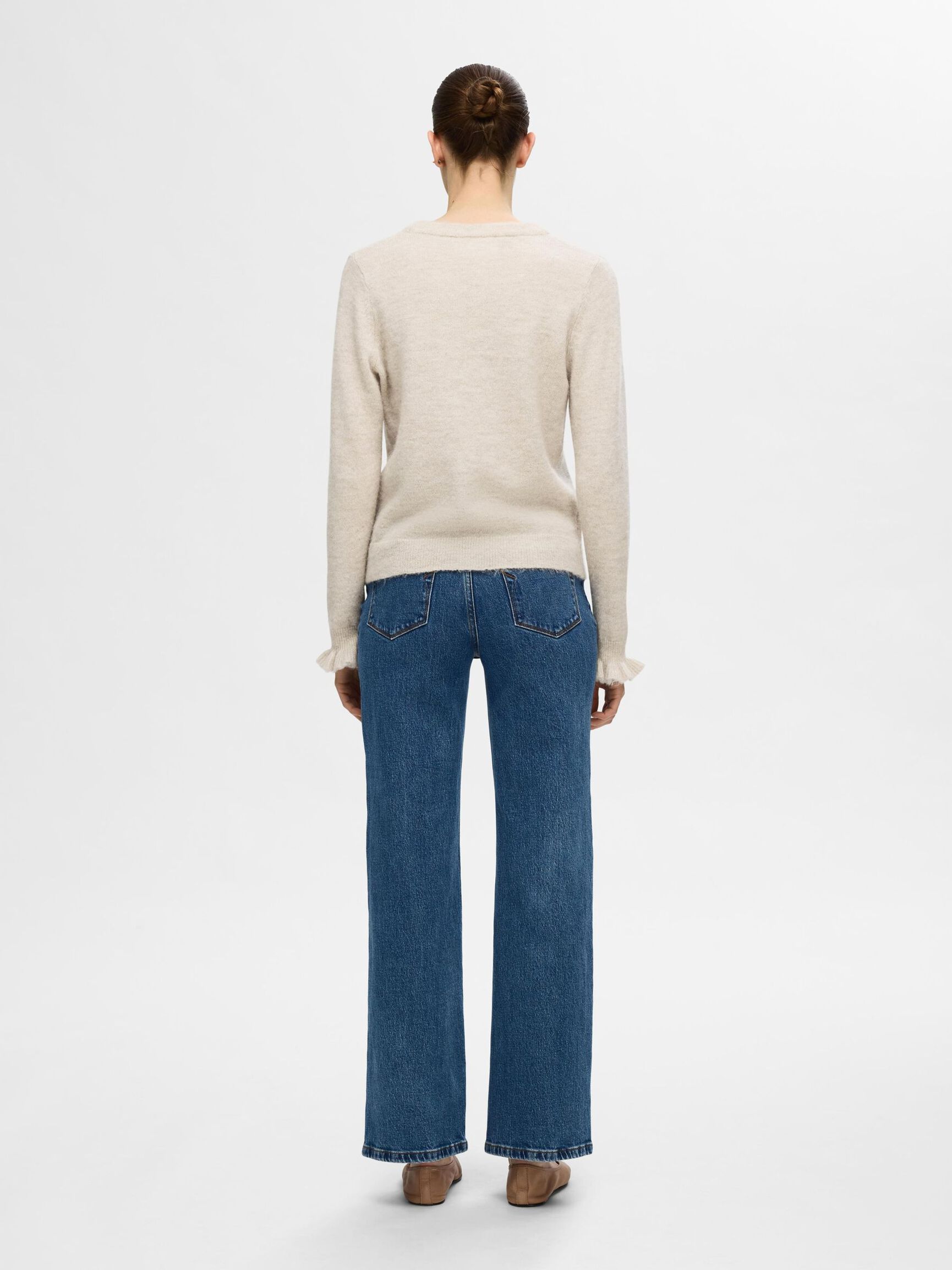 WOOL BLEND RUFFLED SLEEVE PULLOVER, Birch, highres