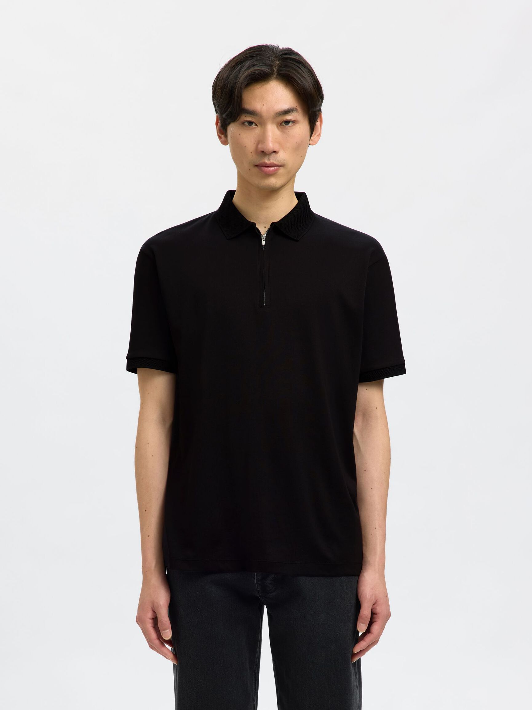 ZIPPER POLO SHIRT, Black, highres