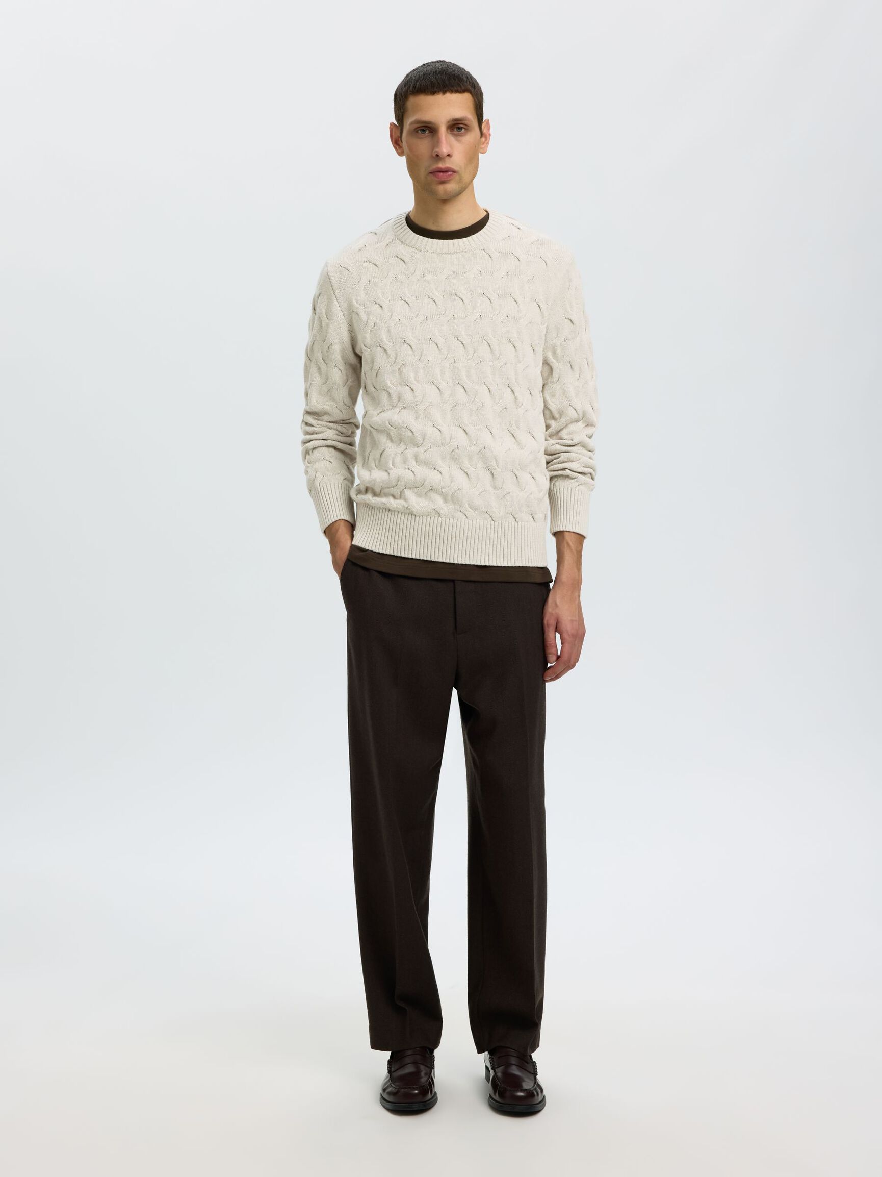 CABLE KNIT CREWNECK JUMPER, Silver Birch, highres