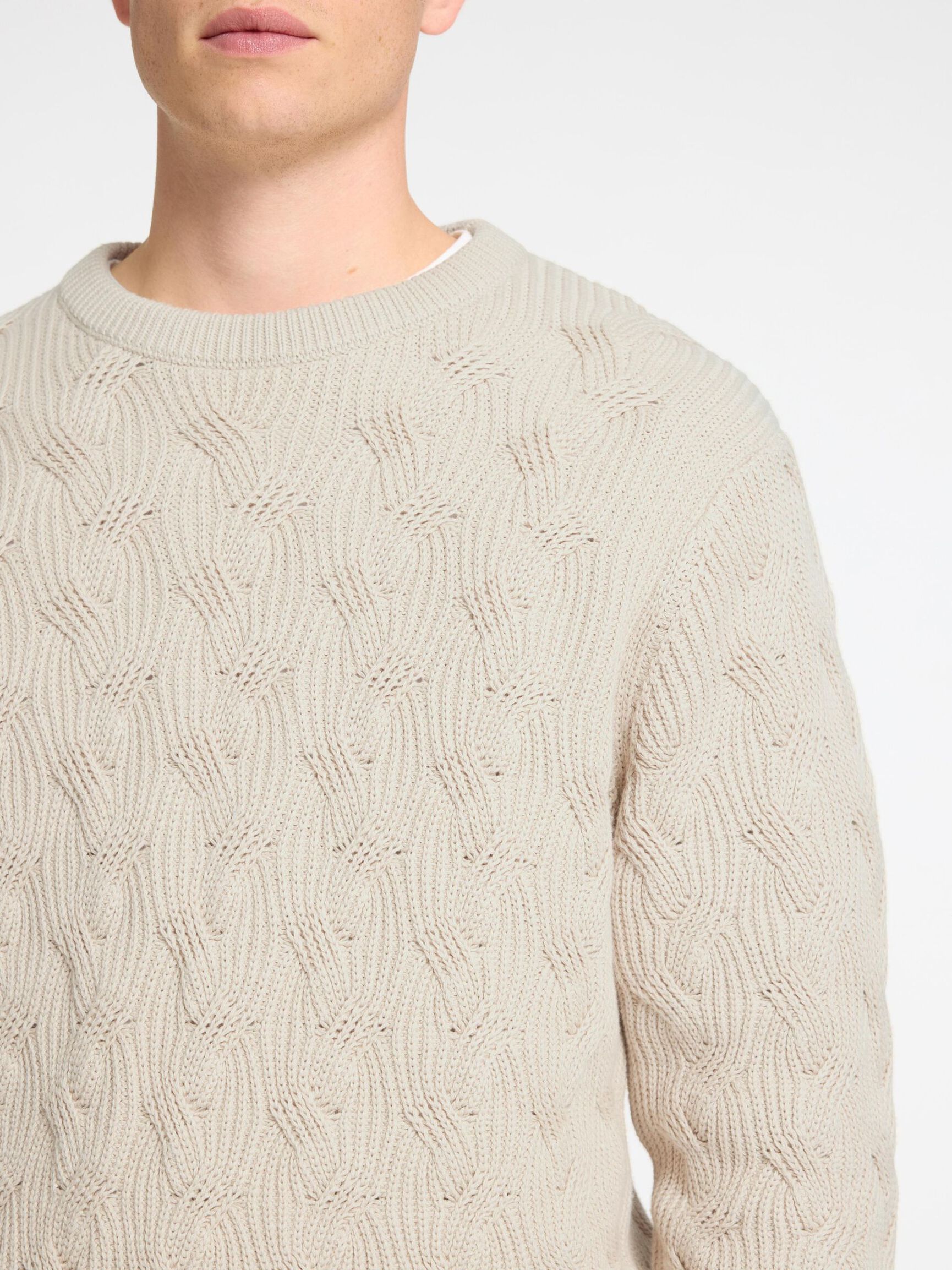 KABELSTRIKK CREW NECK-GENSER, Oatmeal, highres