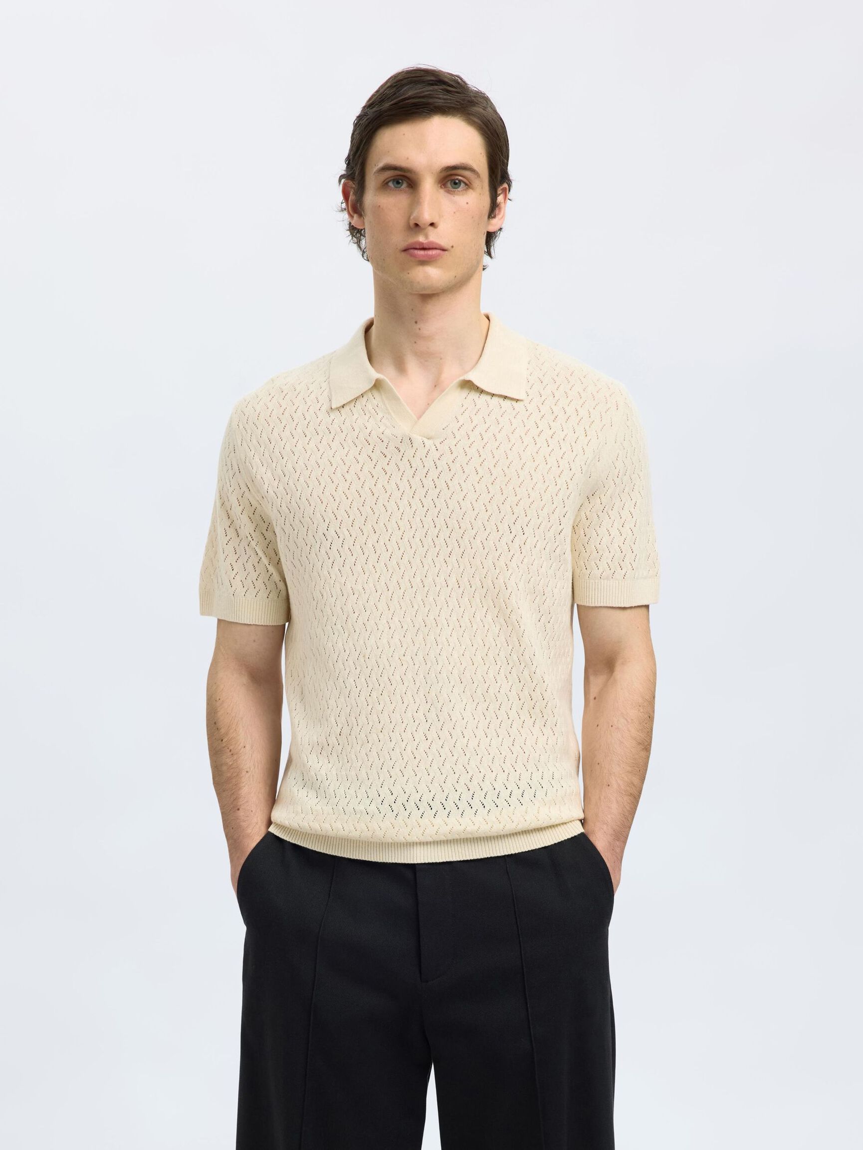 MODÈLE AU CROCHET POLO EN MAILLE, Egret, highres