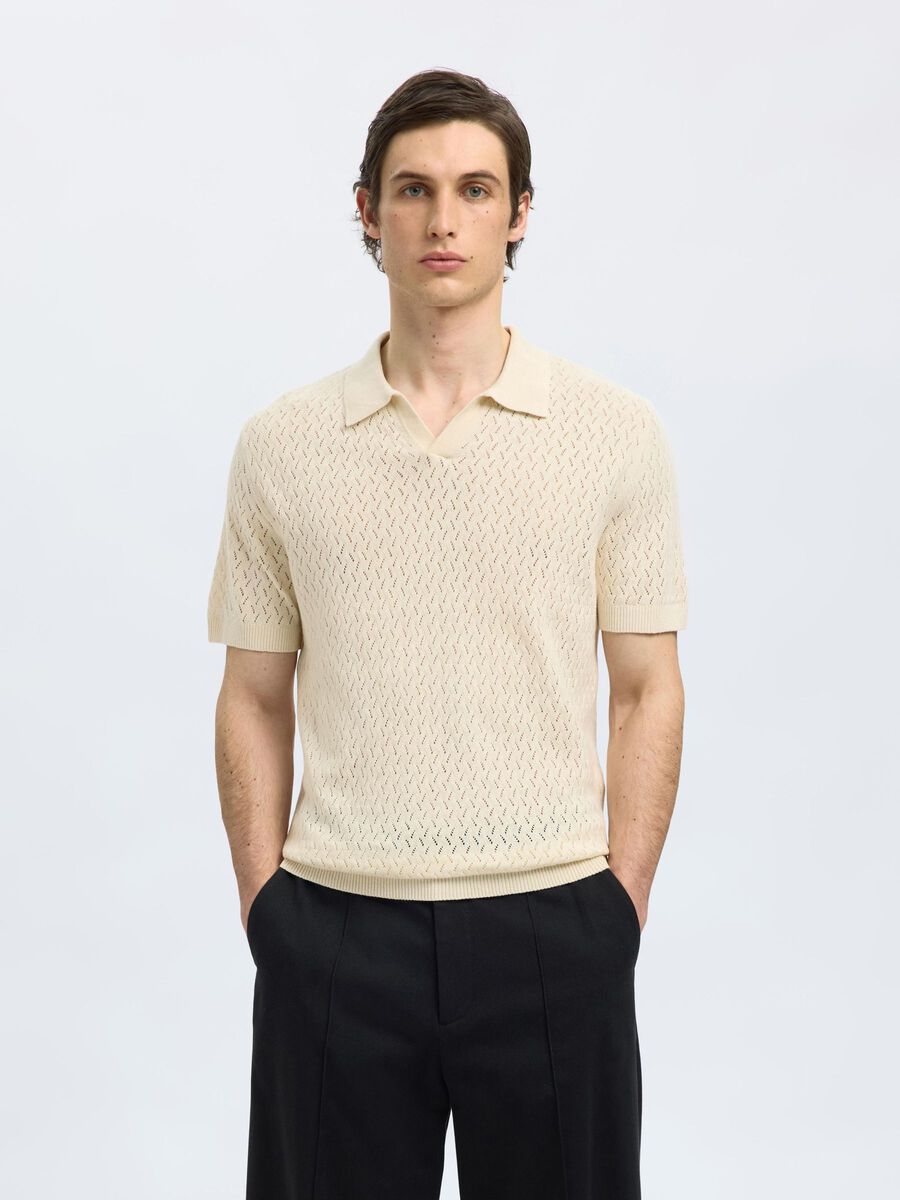 Selected CROCHET STYLE KNITTED POLO SHIRT, Egret, highres - 16097572_Egret_003.jpg