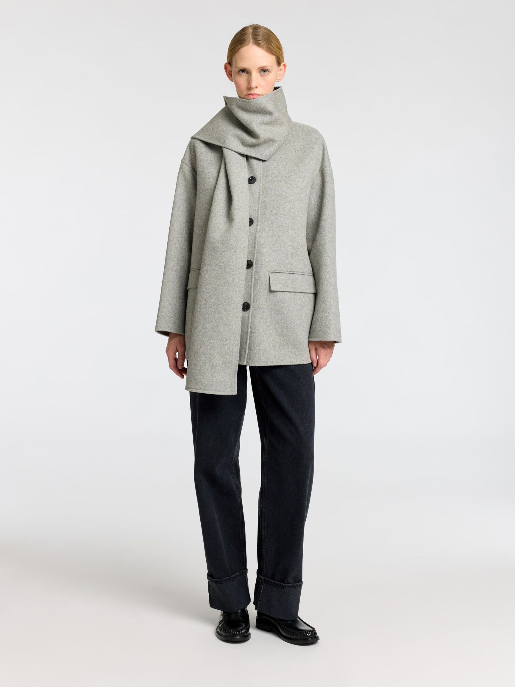 WOOL BLEND SCARF JACKET, Light Grey Melange, highres