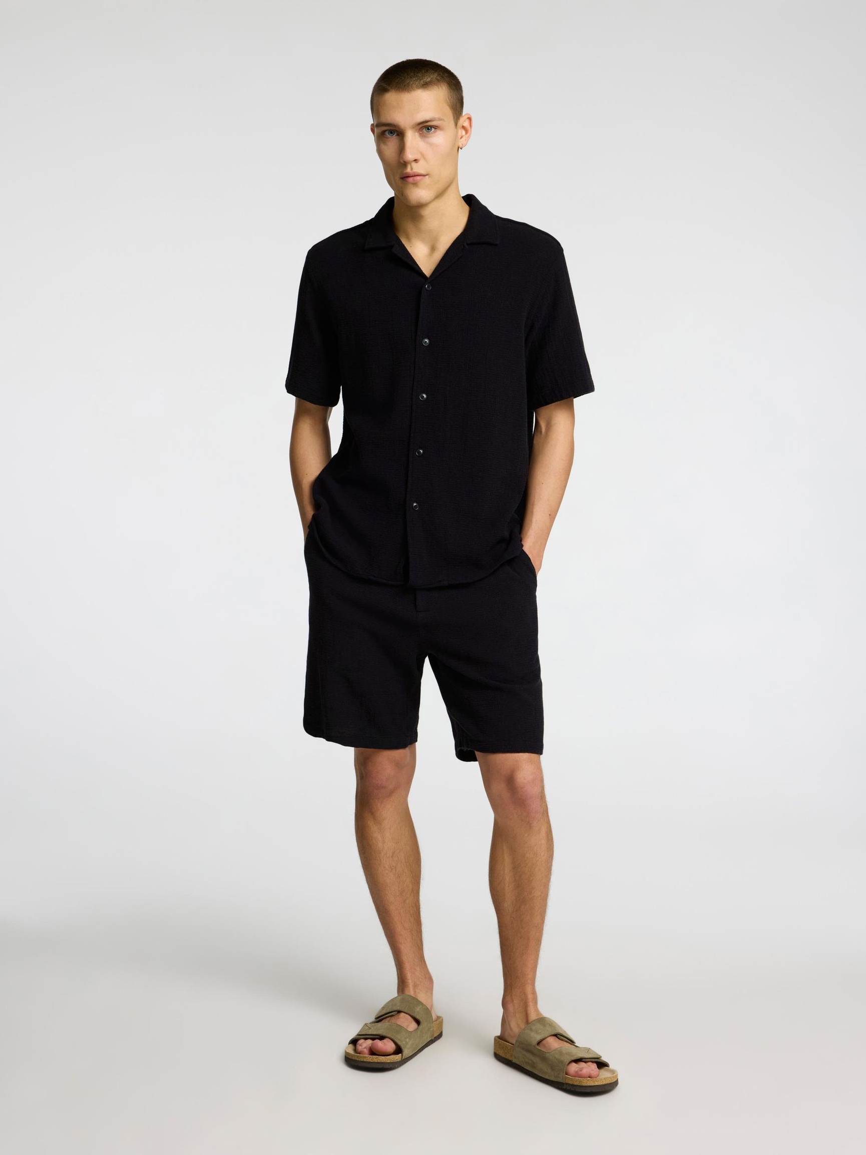 TEJIDO DE ALGODÓN CAMISA DE MANGA CORTA, Black, highres