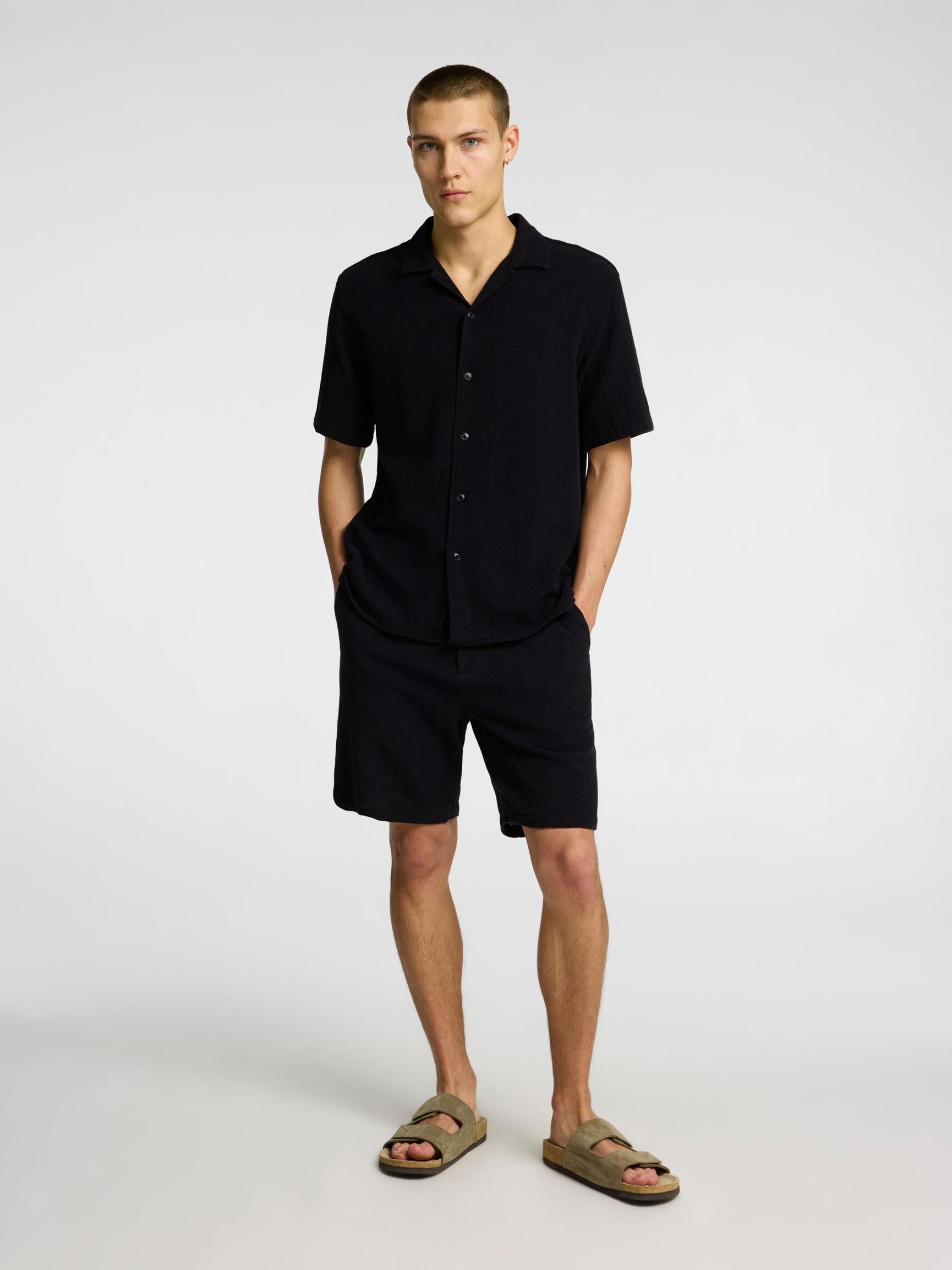 COTTON SHORT SLEEVED SHIRT, Black, highres