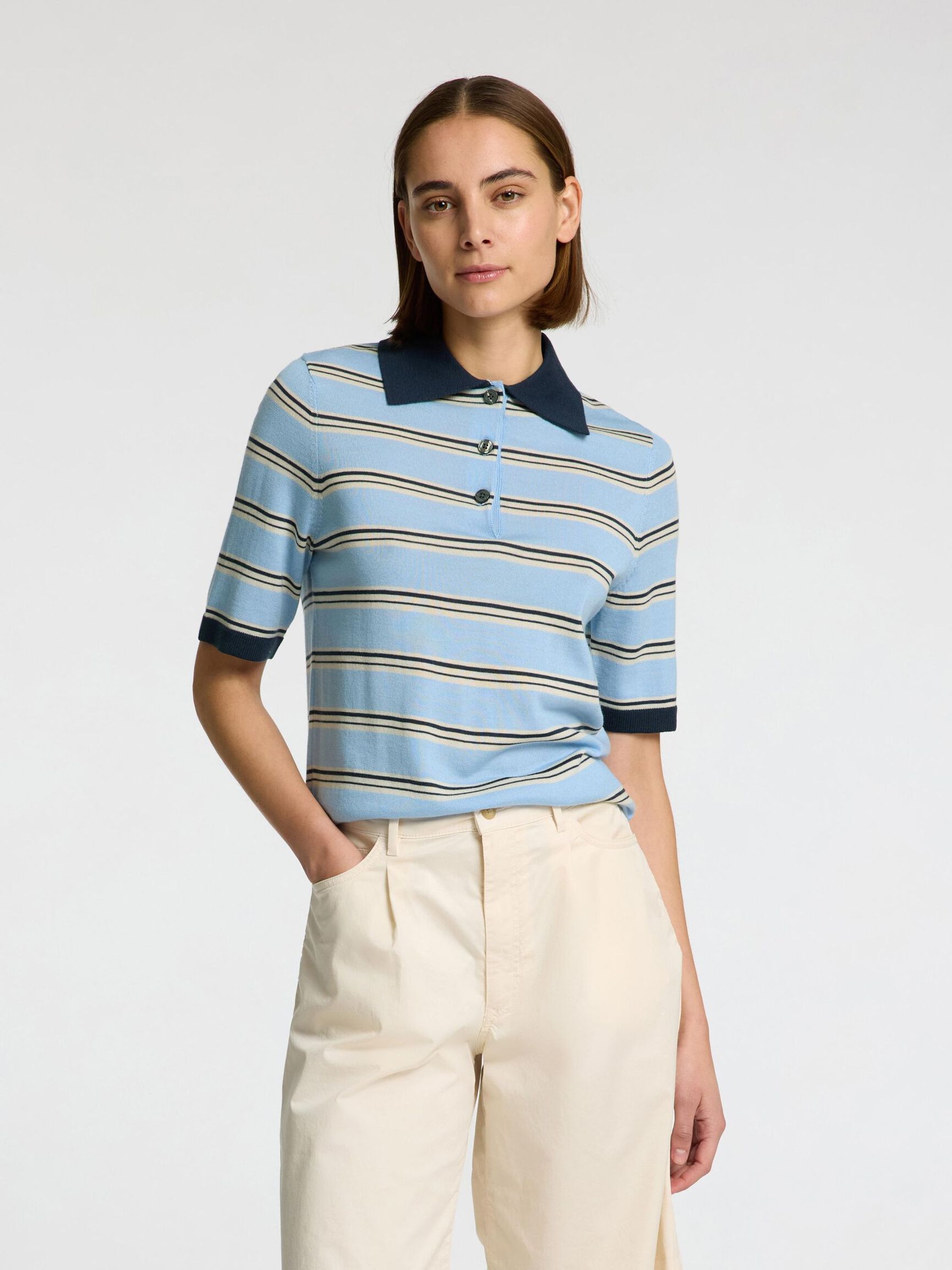 100% MERINOULD STRIKKET POLOSHIRT, Cerulean, highres