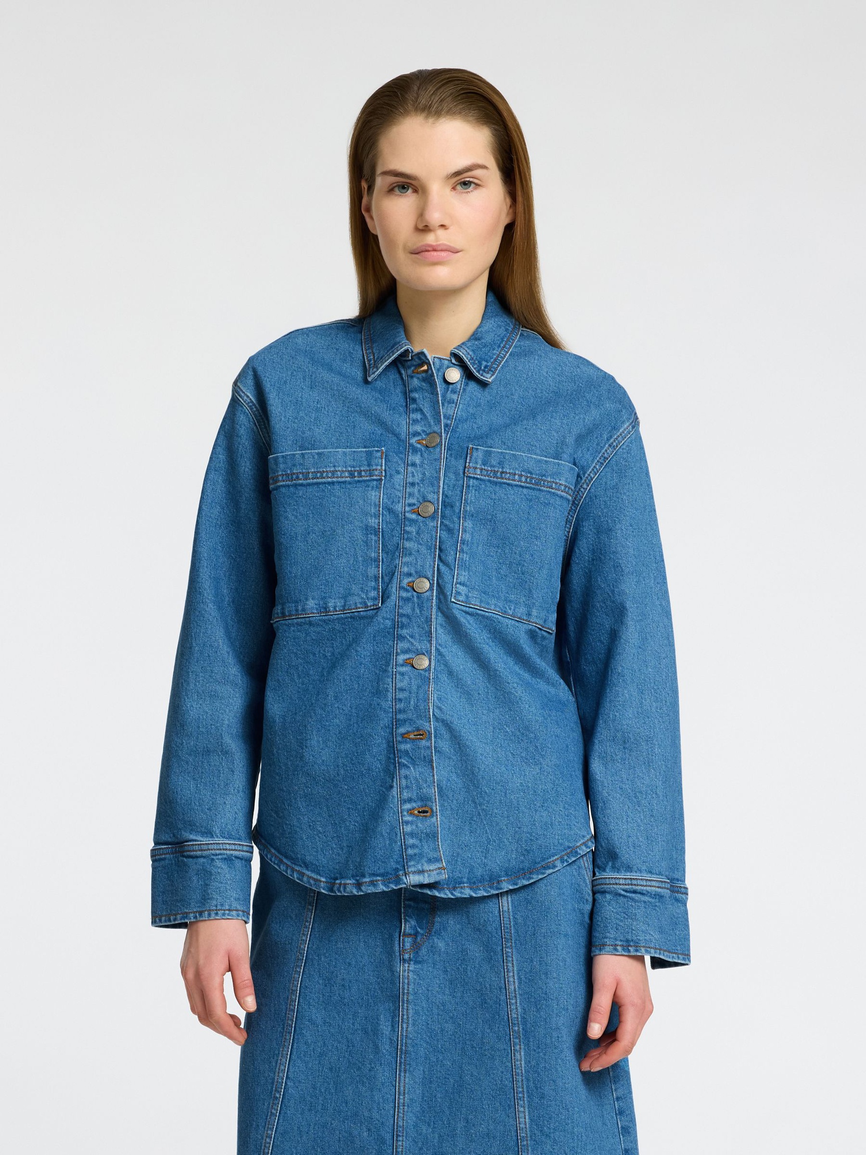 LANGE MOUWEN SPIJKERBLOUSE, Medium Blue Denim, highres