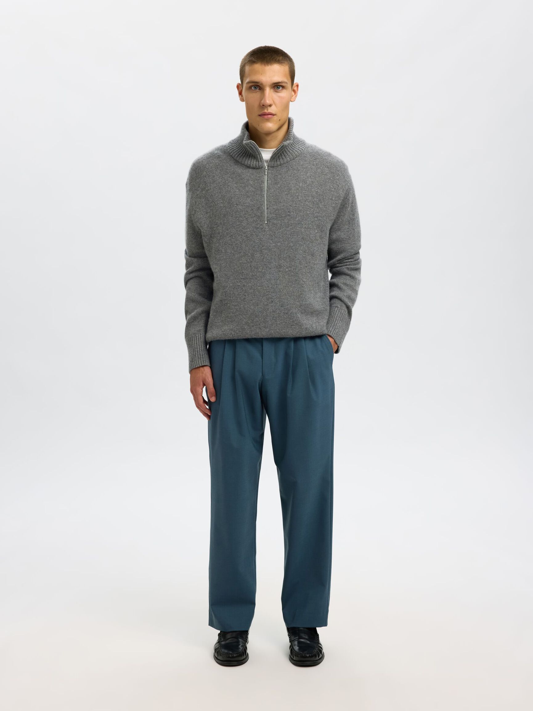 WOLL-KASCHMIR-MIX HALF-ZIP PULLOVER, Medium Grey Melange, highres