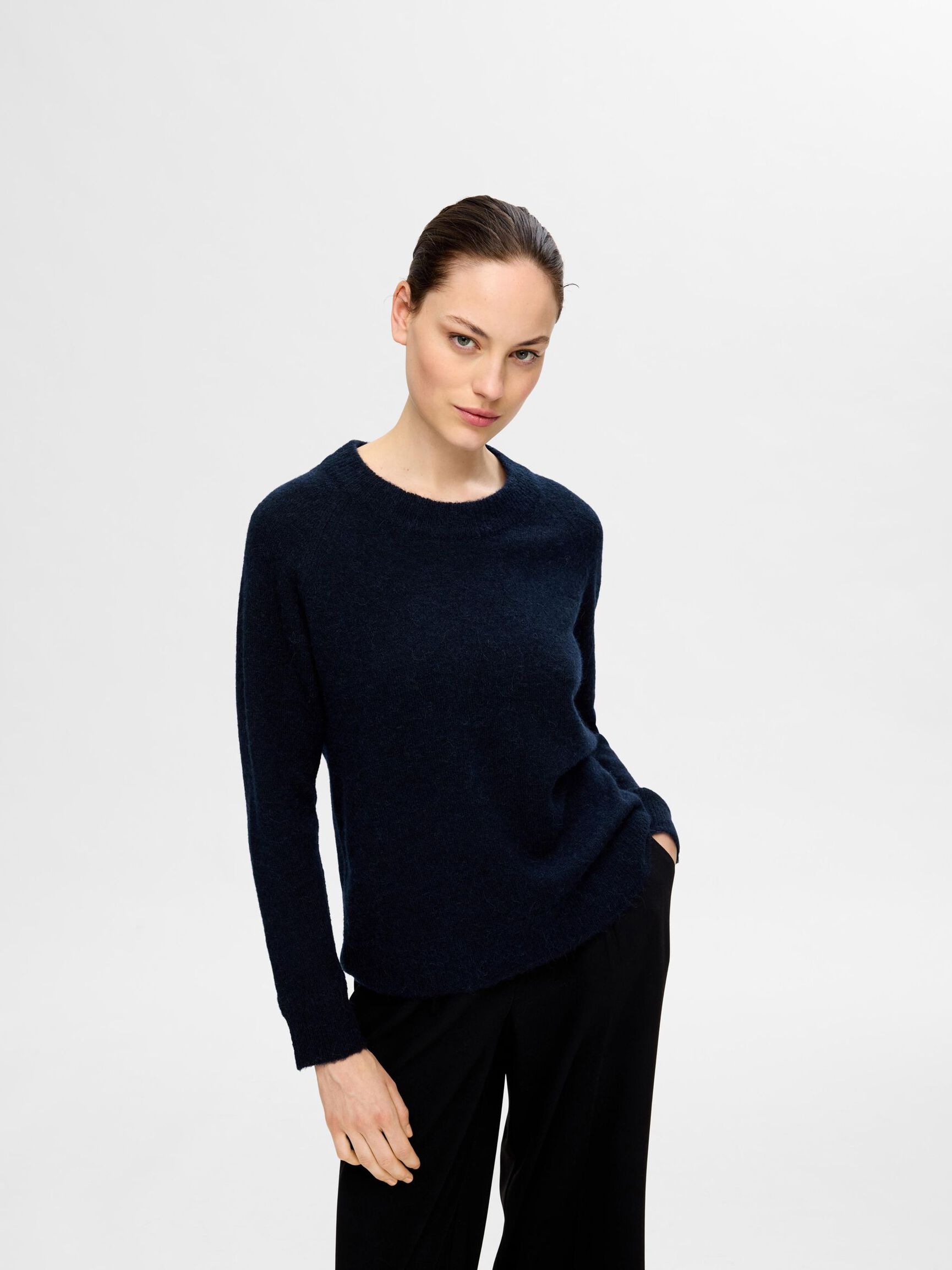 LÅNGÄRMAD STICKAD TRÖJA, Dark Sapphire, highres