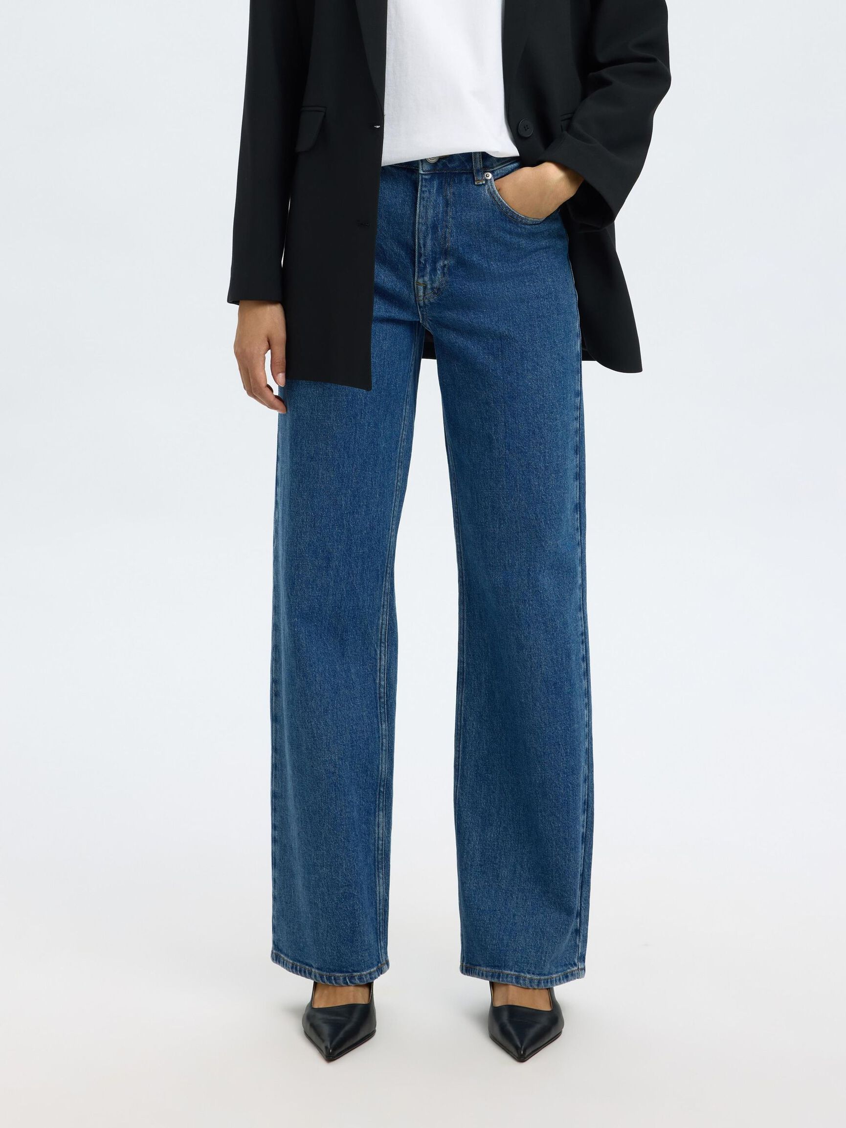 HIGH WAIST WIDE LEG JEANS, Medium Blue Denim, highres