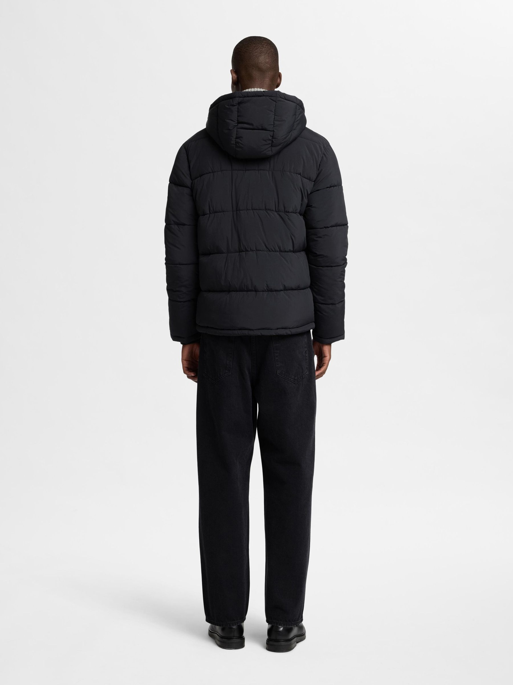 HOODED PUFFER JACKET, Black, highres