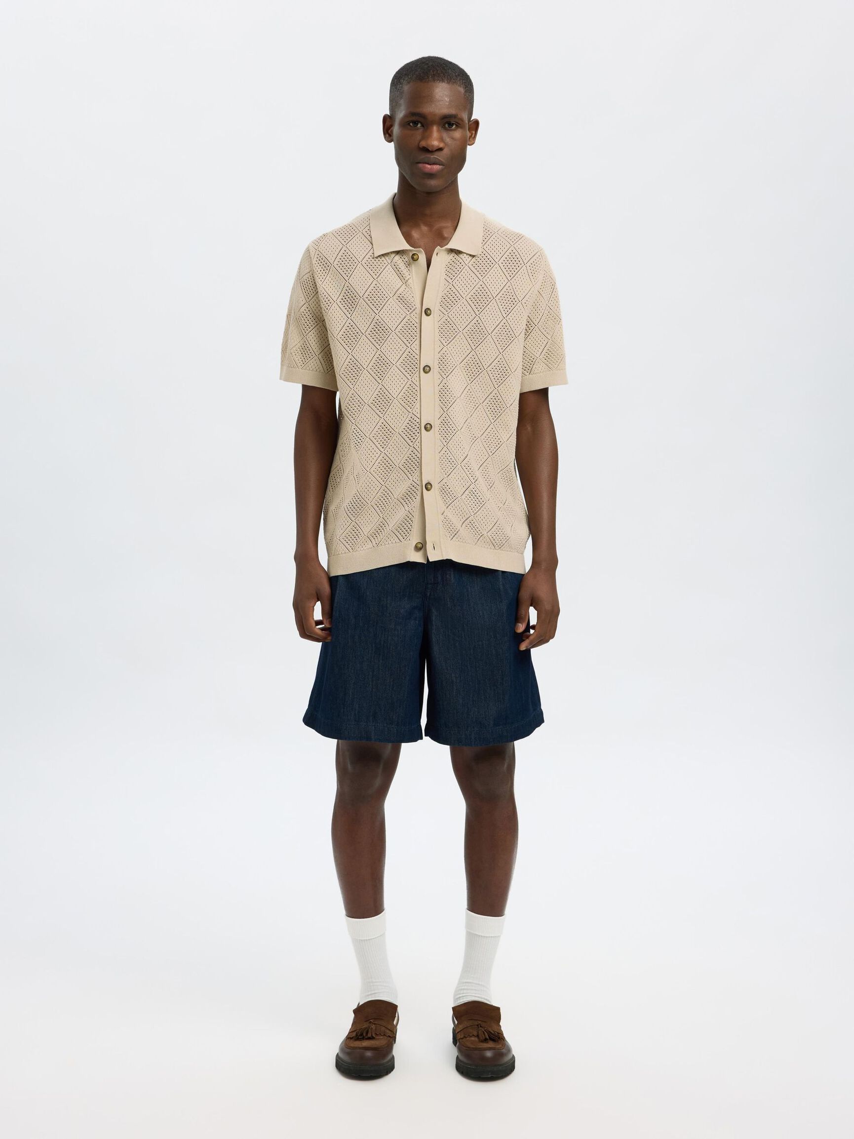 SHORT SLEEVED KNITTED POLO SHIRT, Oatmeal, highres