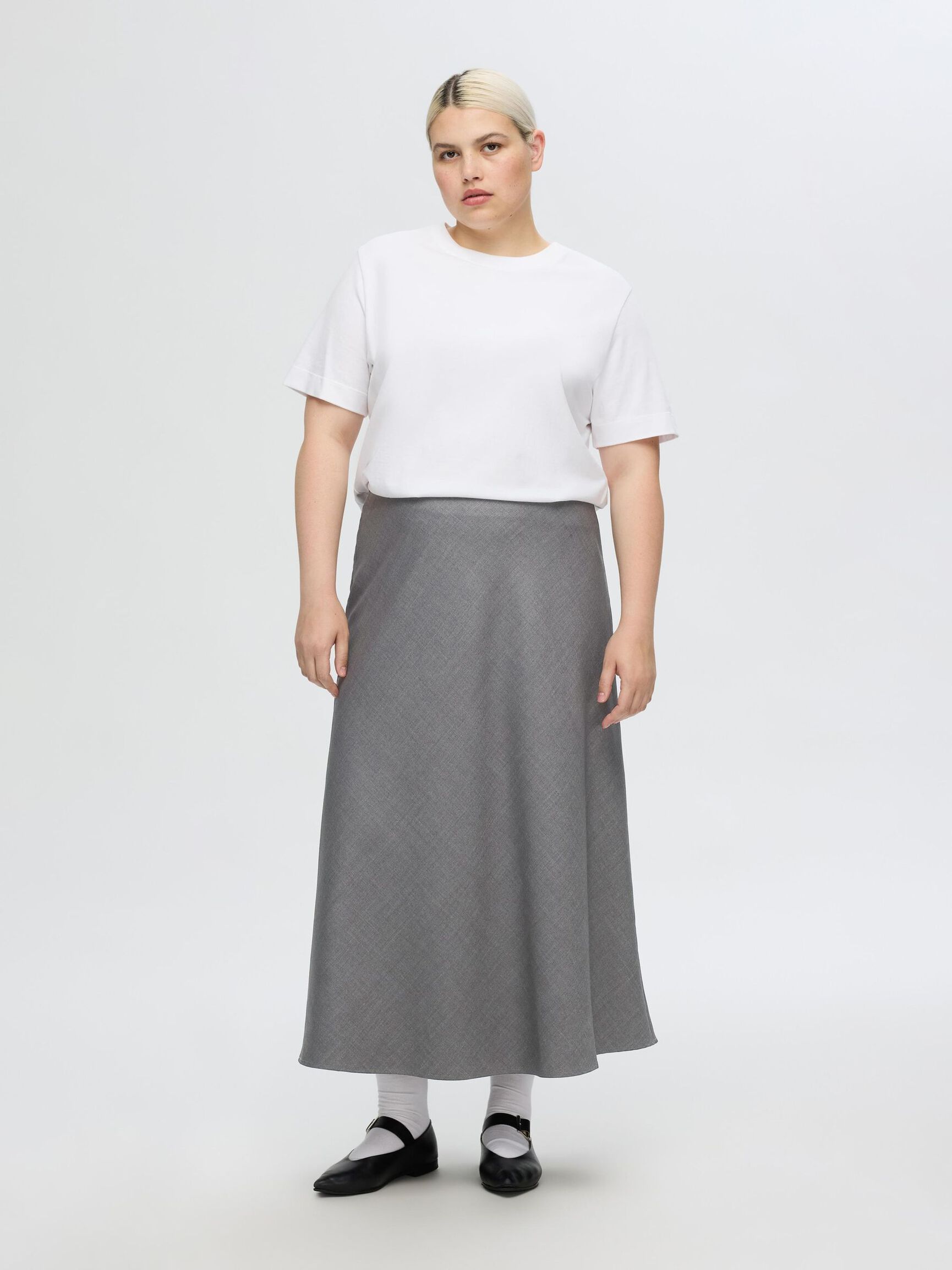 TAILORED WOOL BLEND MIDI SKIRT, Grey Melange, highres