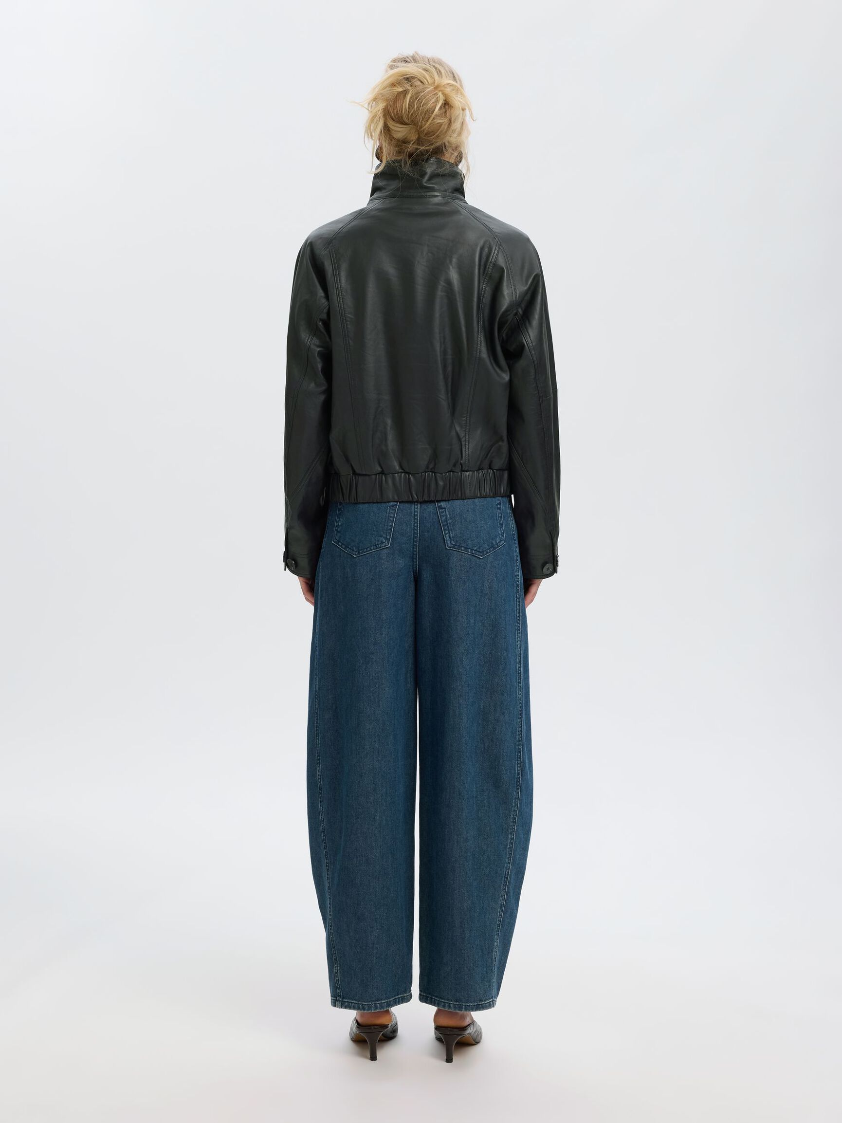 HIGH NECK LEATHER JACKET, Black, highres