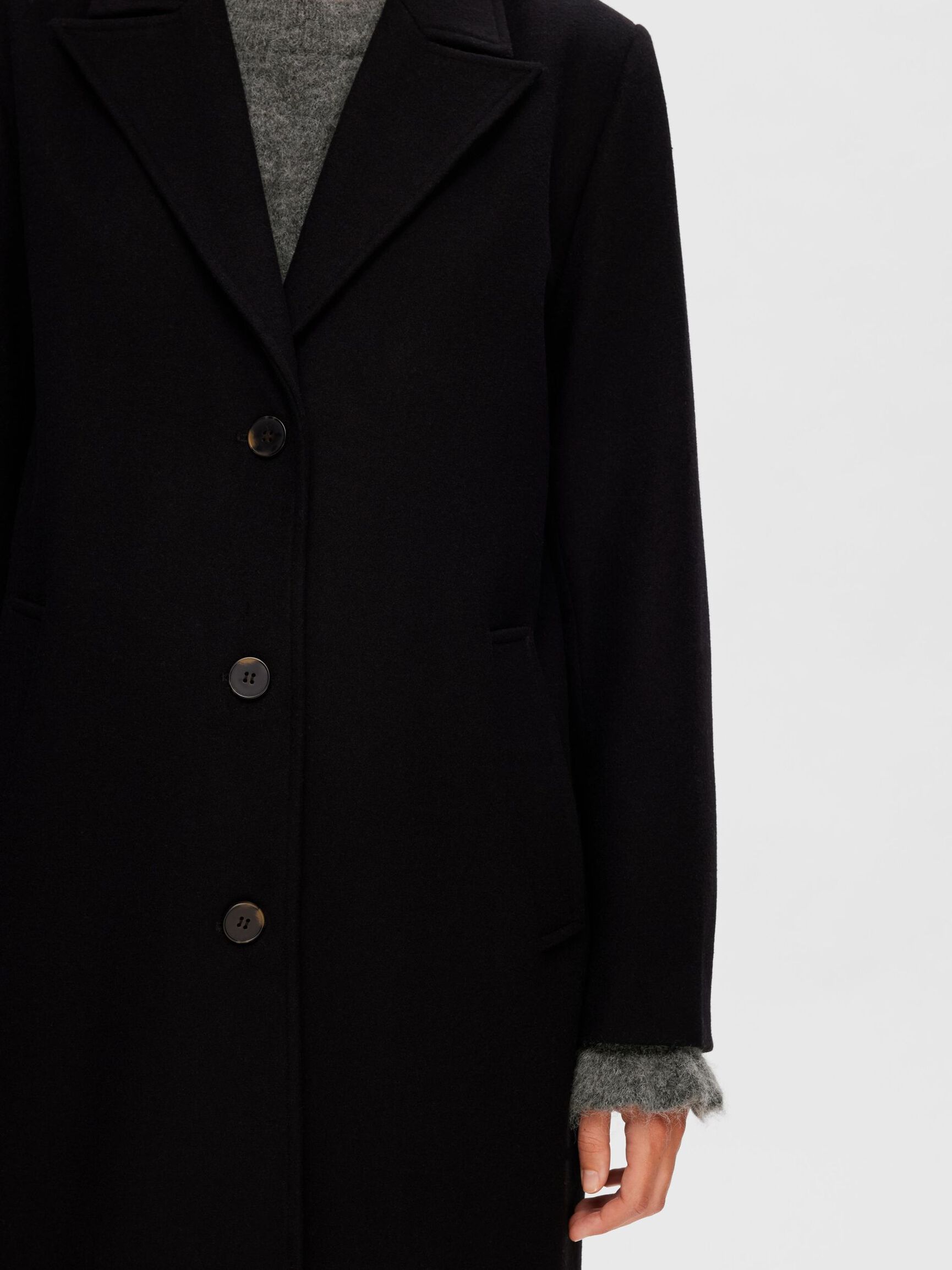 SINGLE-BREASTED WOOL BLEND COAT, Black, highres