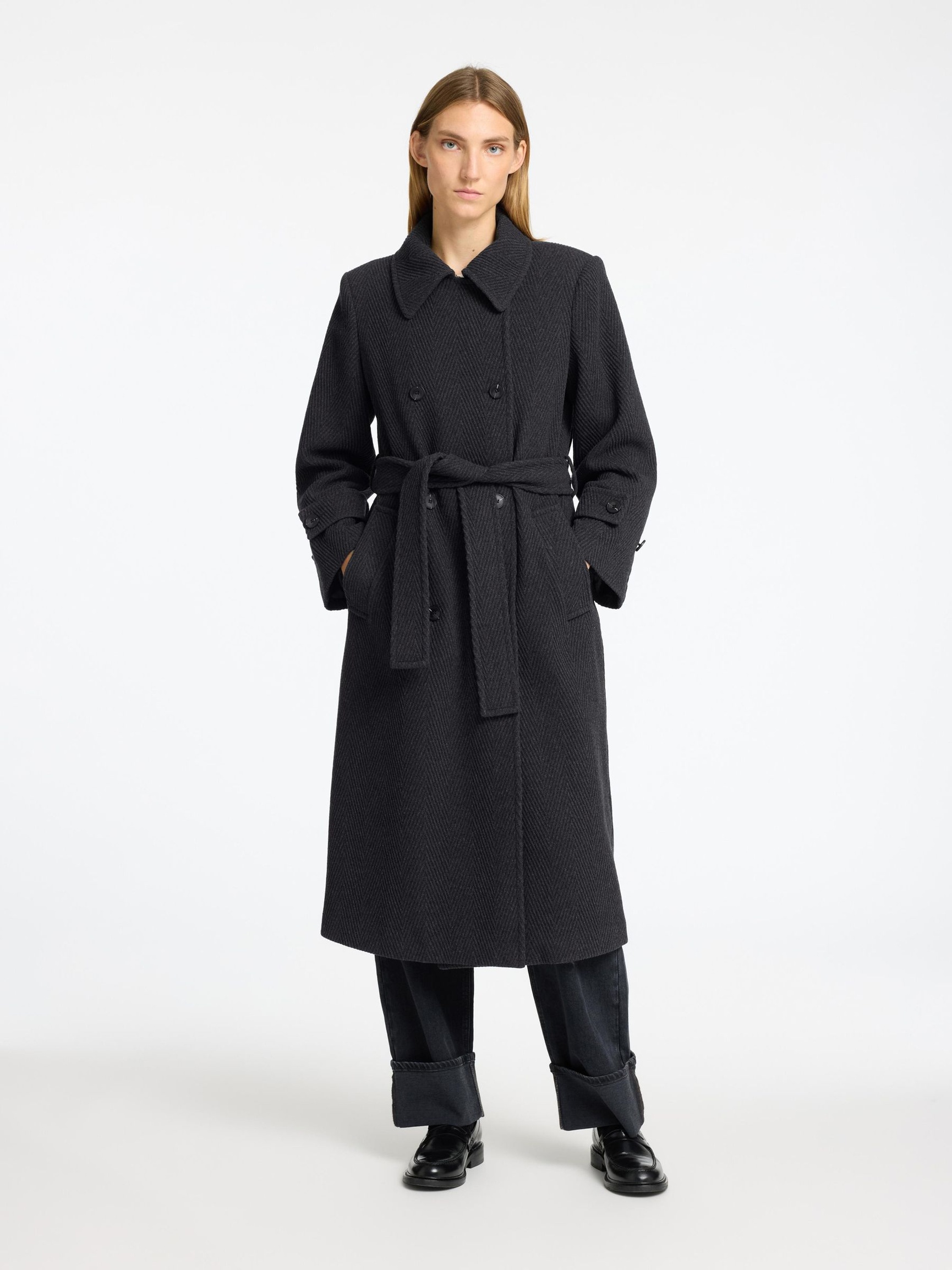 WOOL BLEND BELTED TRENCHCOAT, Volcanic Ash, highres