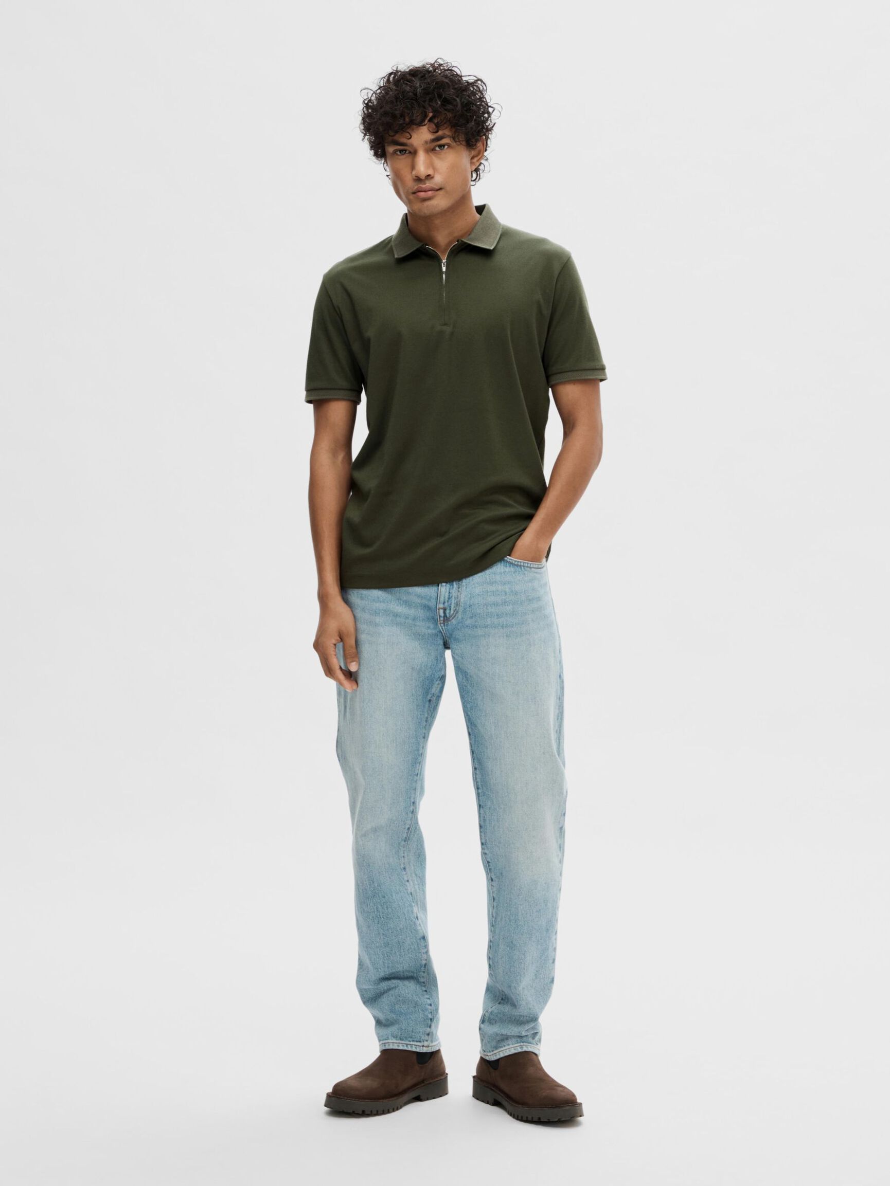 ZIPPER POLO SHIRT, Forest Night, highres