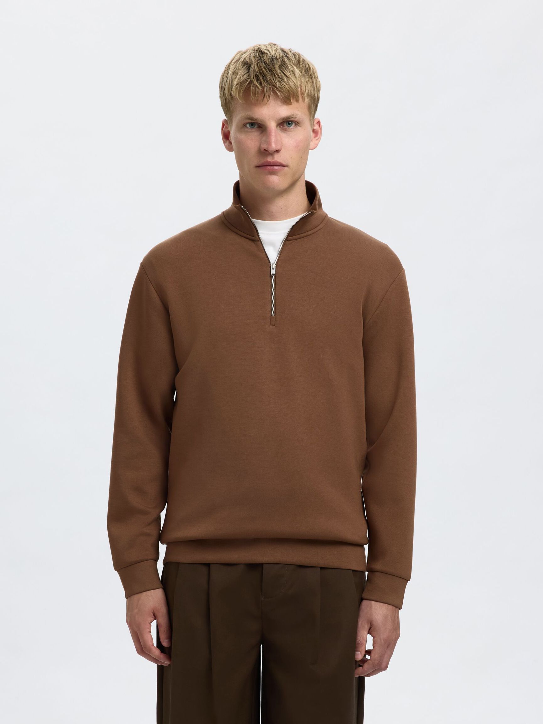 VISCOSE BLEND HALF ZIP SWEATSHIRT, Soft Silt, highres