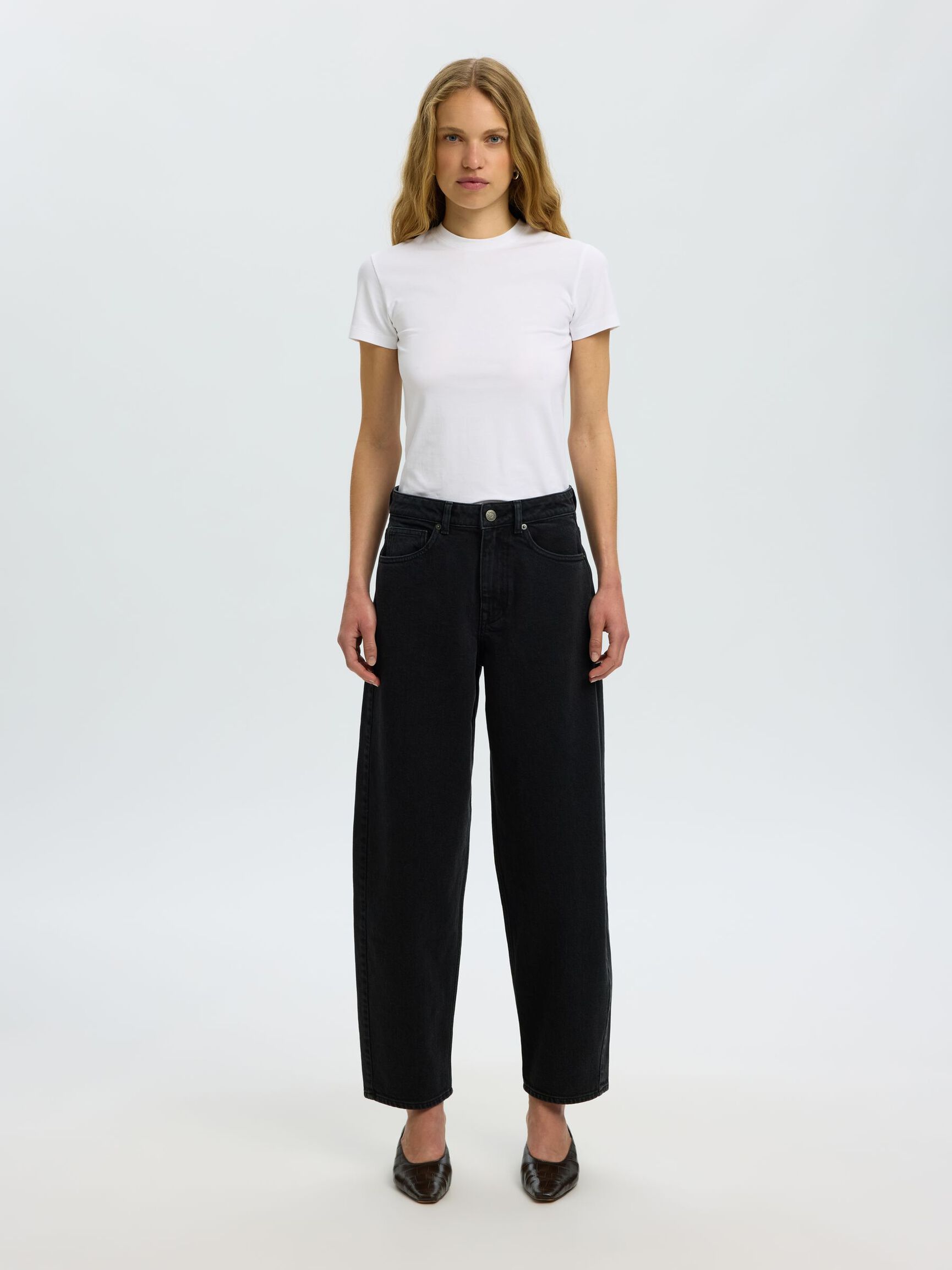 HIGH WAIST BARREL FIT JEANS, Black Denim, highres