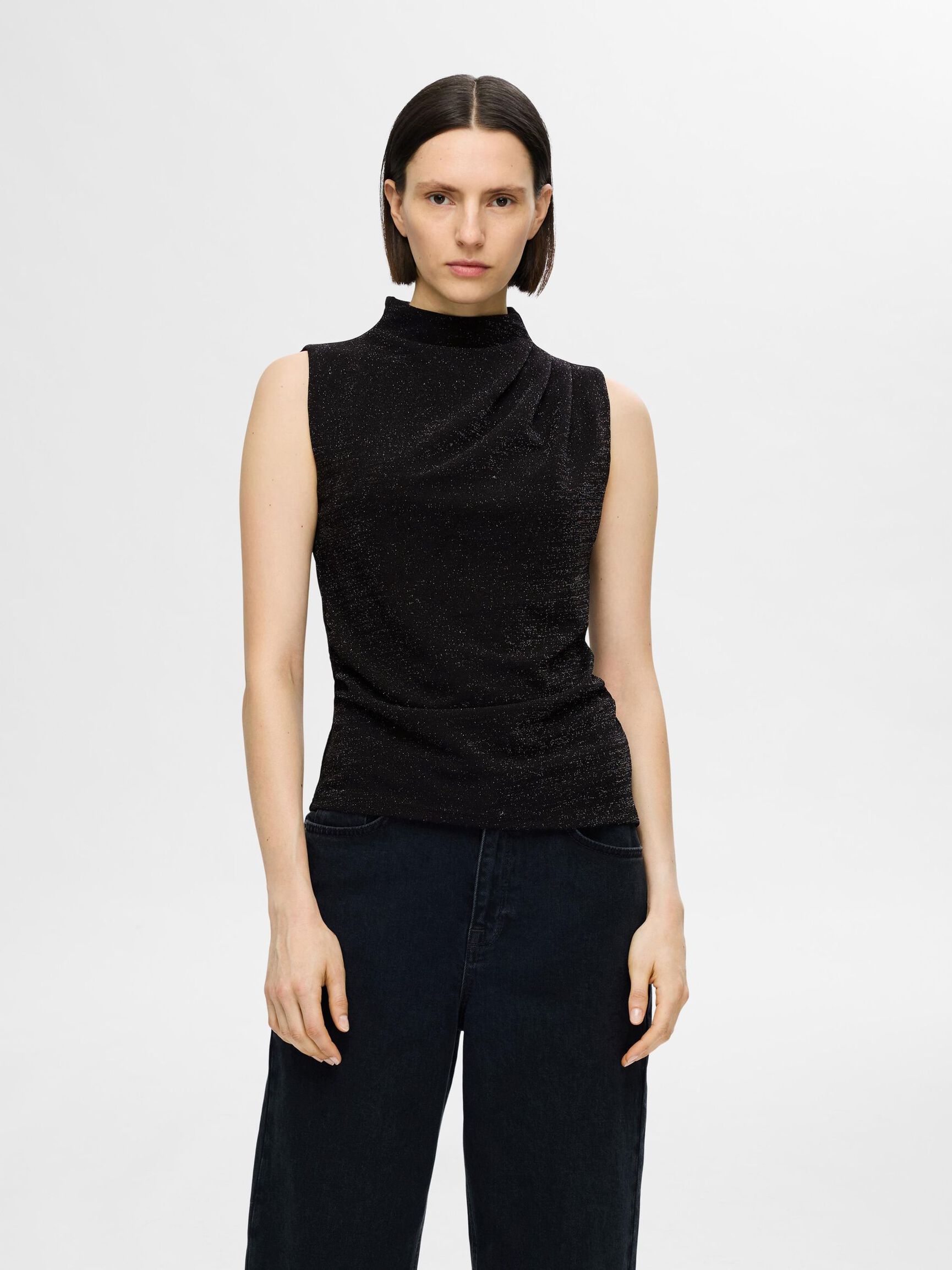 GLITTER SLEEVELESS TOP, Black, highres