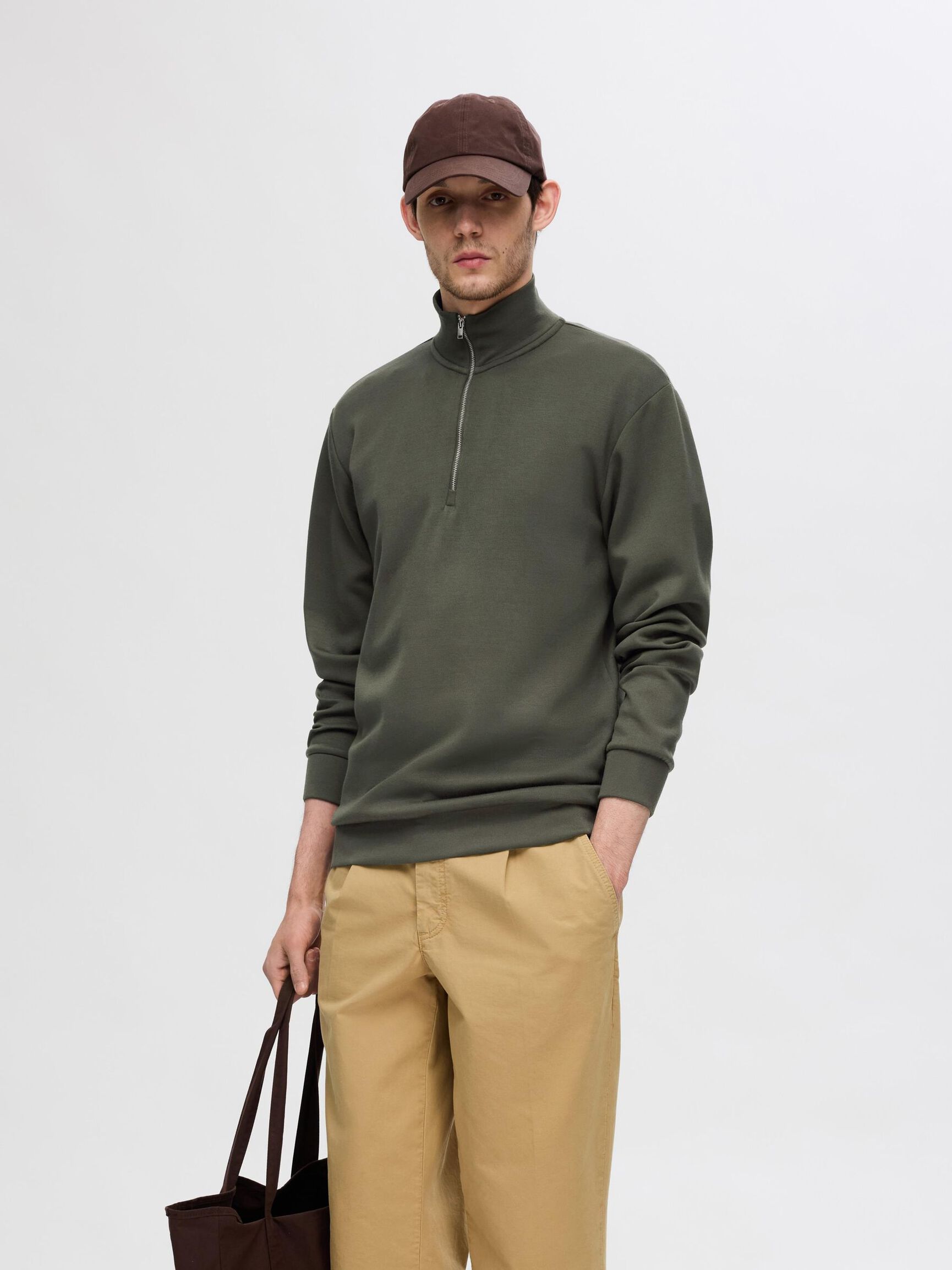 VISCOSE BLEND HALF ZIP SWEATSHIRT, Forest Night, highres