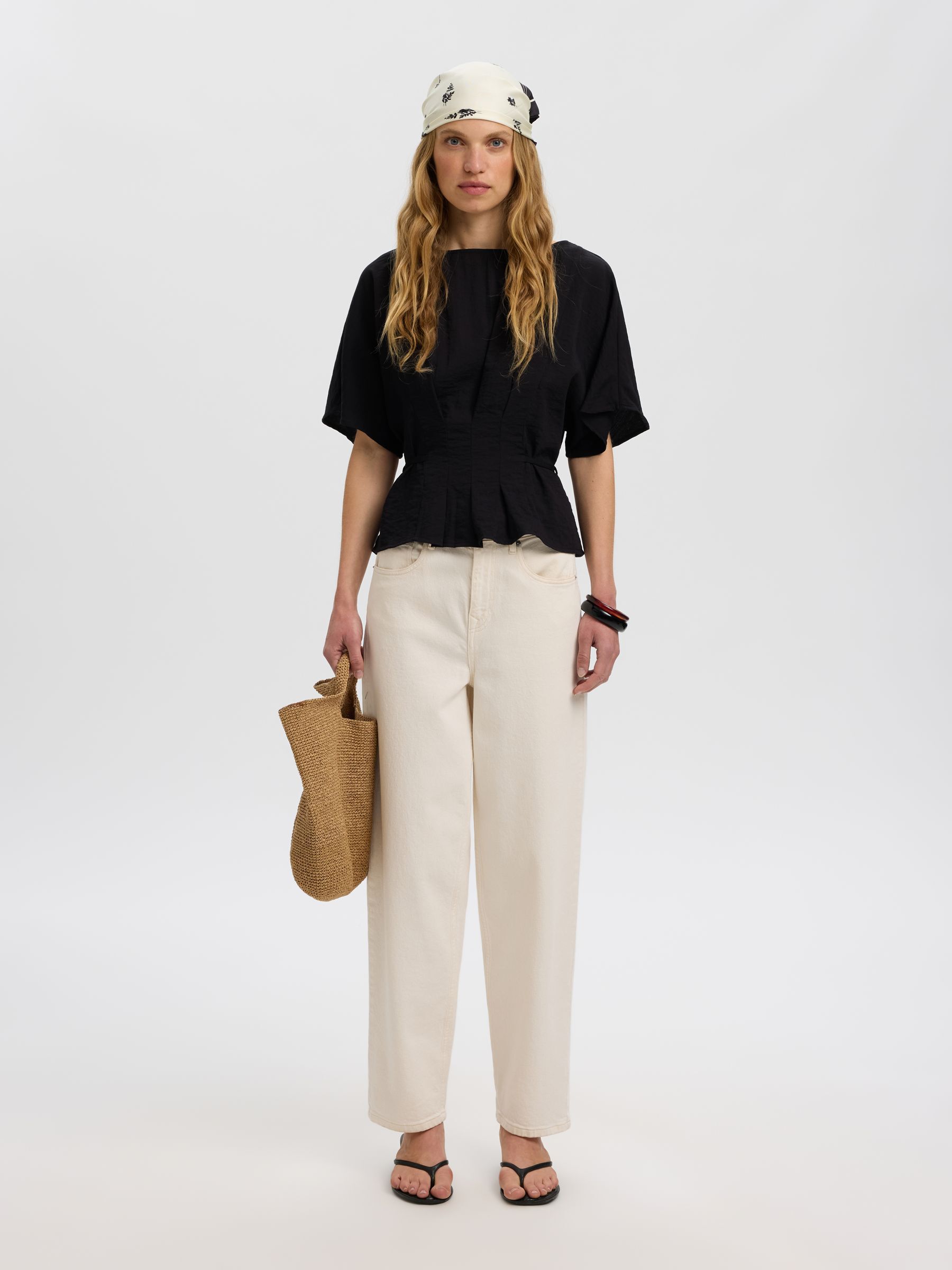 VISCOSE BLEND PLEATED  BLOUSE, Black, highres