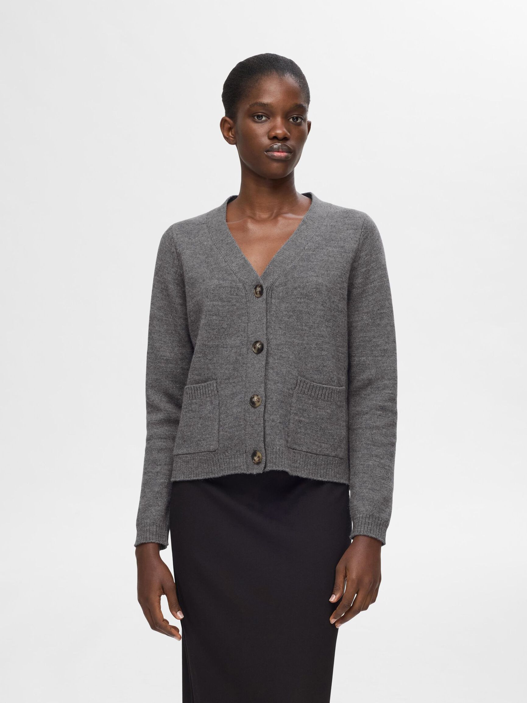 100% WOOL CARDIGAN, Medium Grey Melange, highres