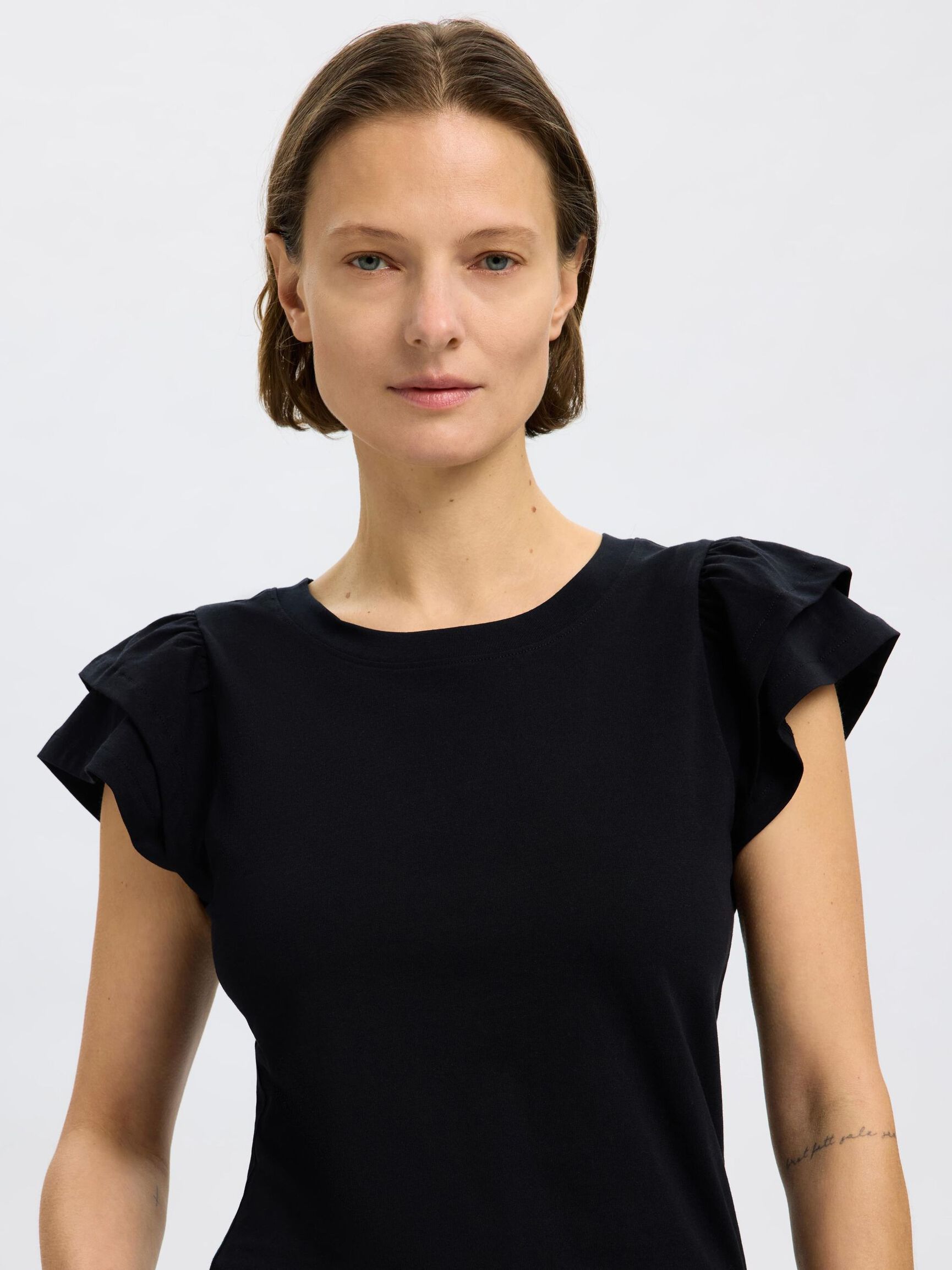 COTTON RUFFLED T-SHIRT, Black, highres