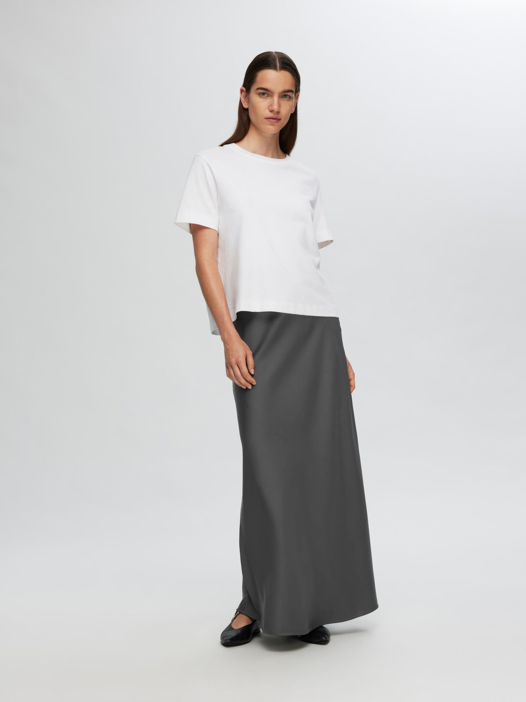 SATIN MAXI SKIRT, Volcanic Ash, highres