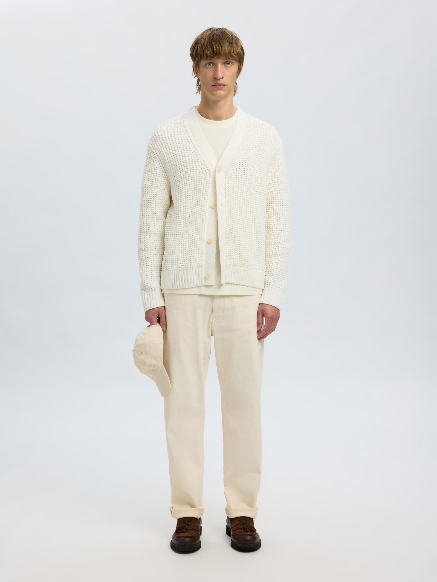 RELAXED FIT COTTON CARDIGAN, Egret, highres