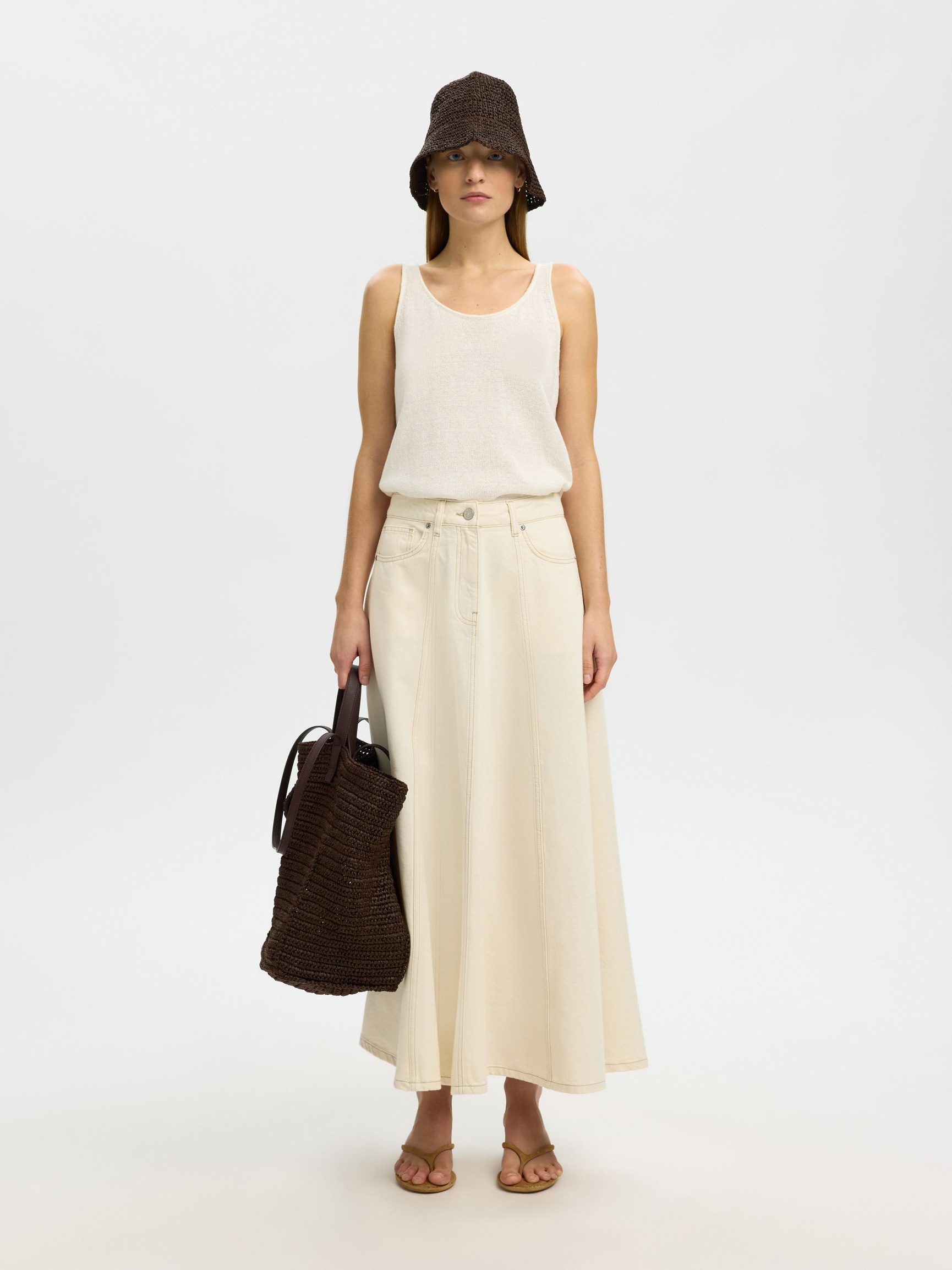 DENIM MAXI SKIRT, Egret, highres