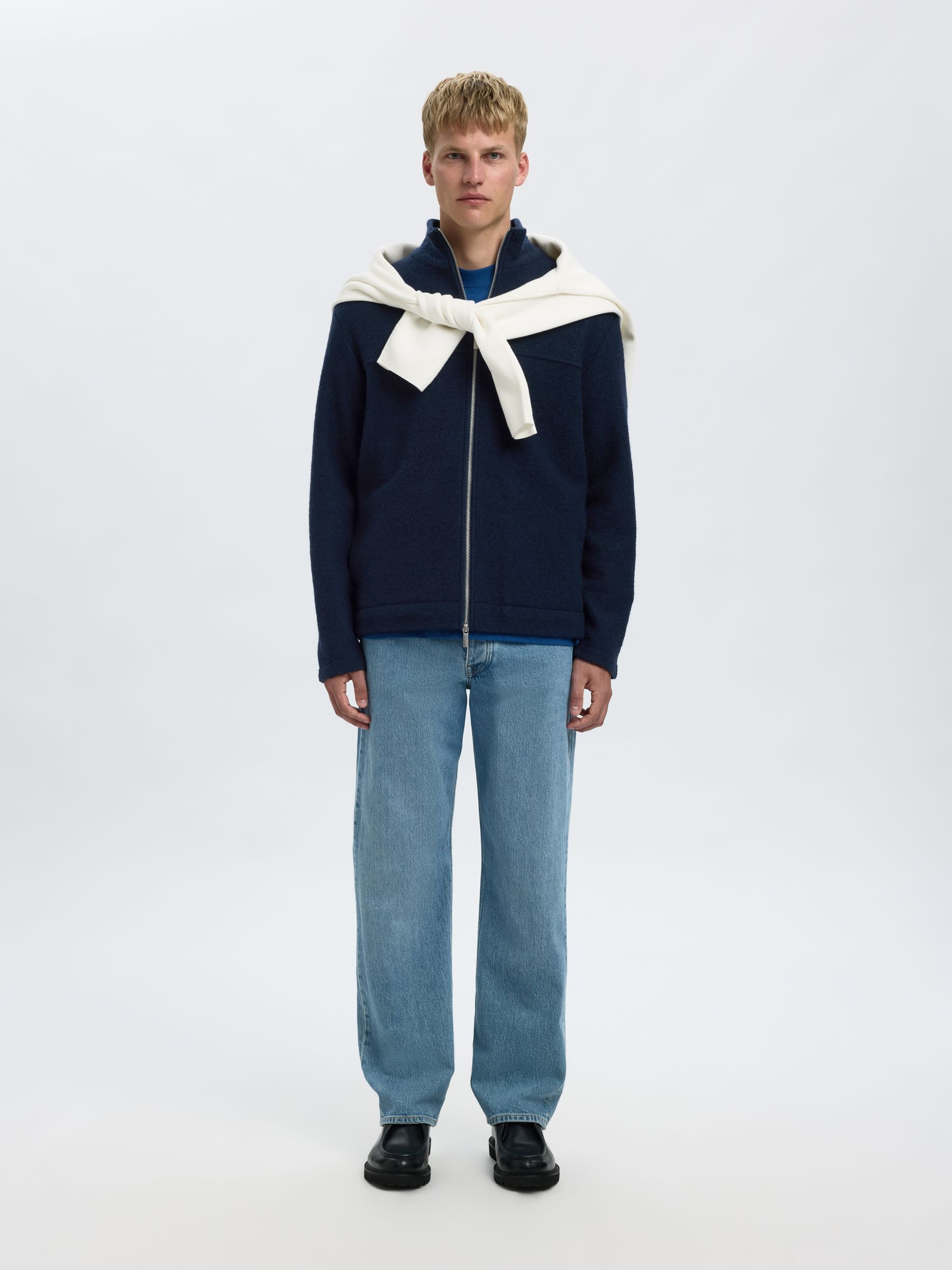 100% WOOL ZIP-FRONT CARDIGAN | Blue | Selected