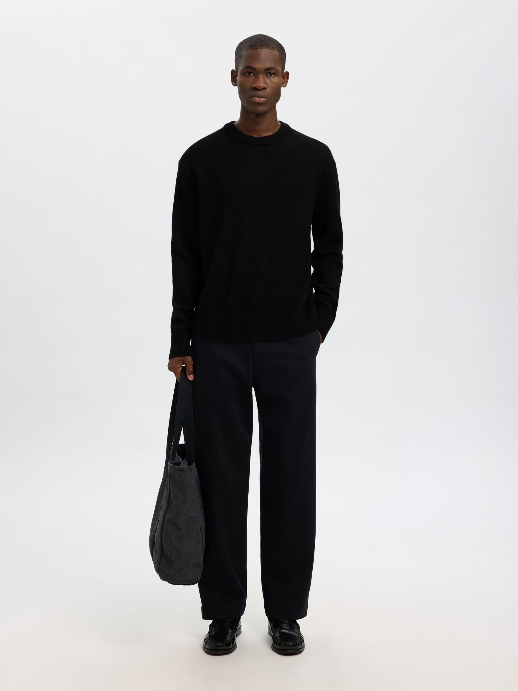 100% WOOL KNITTED JUMPER, Black, highres