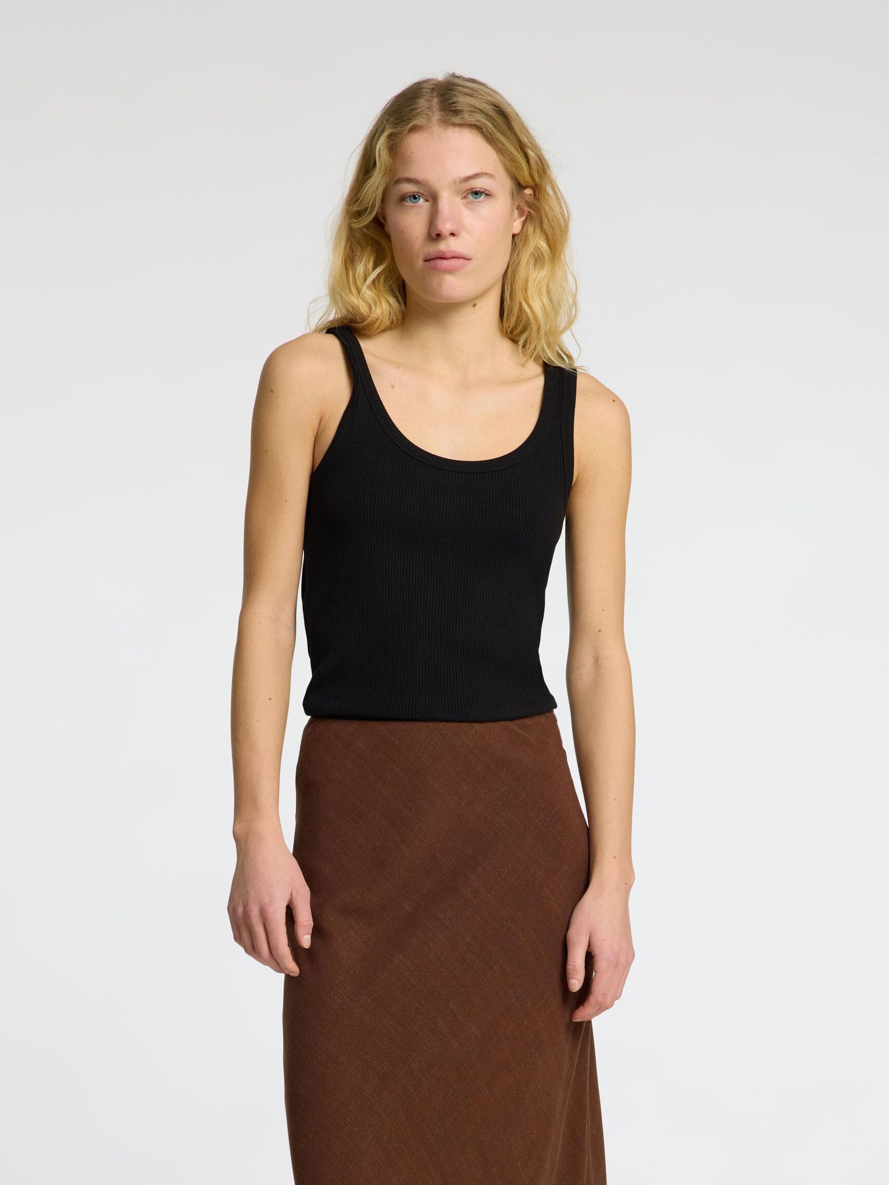 RIBBED COTTON TANK TOP, Black, highres