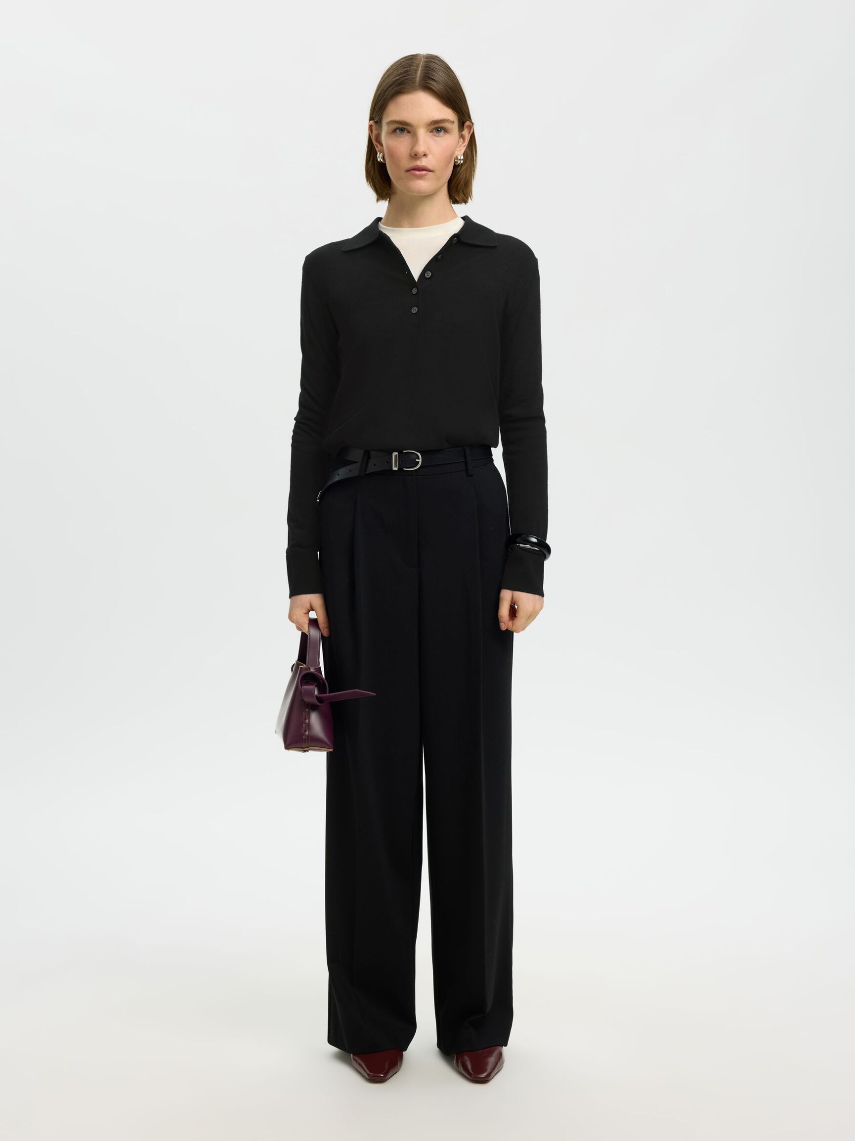 100% MERINOULD STRIKKET POLOSHIRT, Black, highres