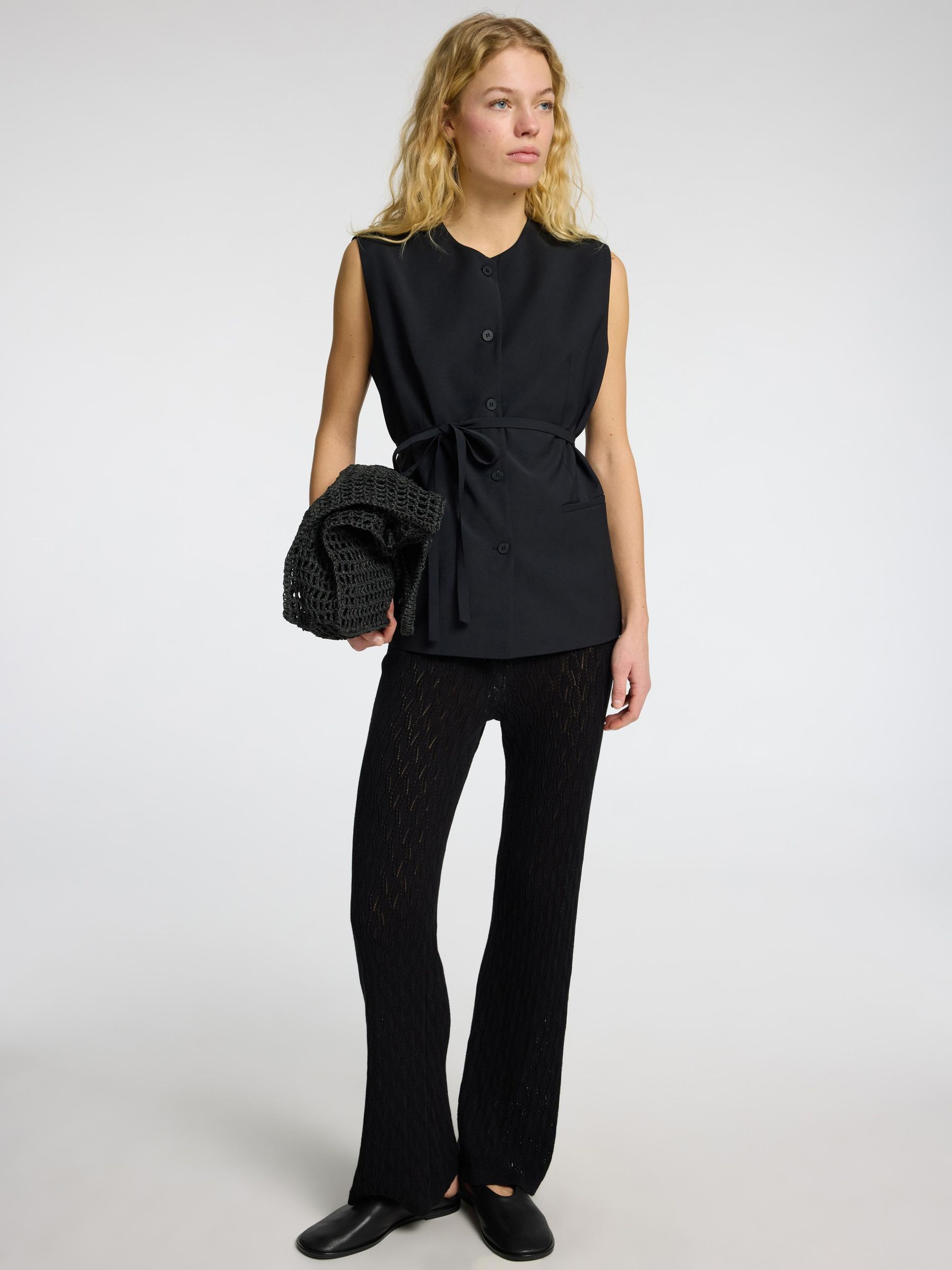 KNITTED HIGH WAISTED TROUSERS, Black, highres