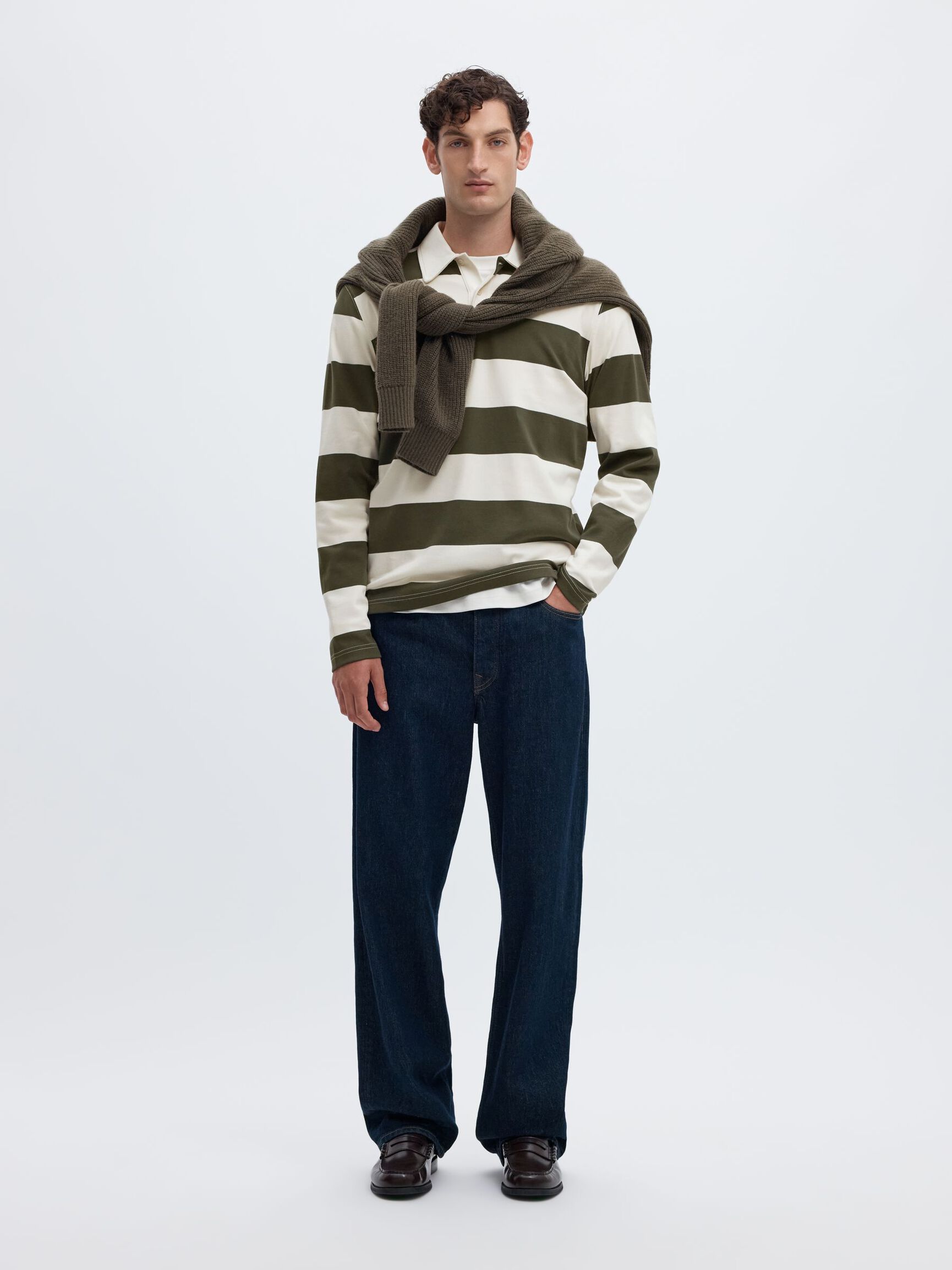 STRIPED COTTON LONG-SLEEVED POLO, Forest Night, highres